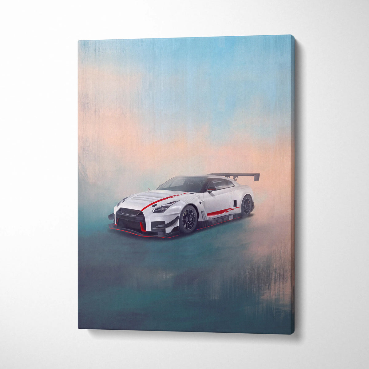 White nissan gt-r r35 inspired canvas art with red racing stripes and black accents for luxury garage wall decor