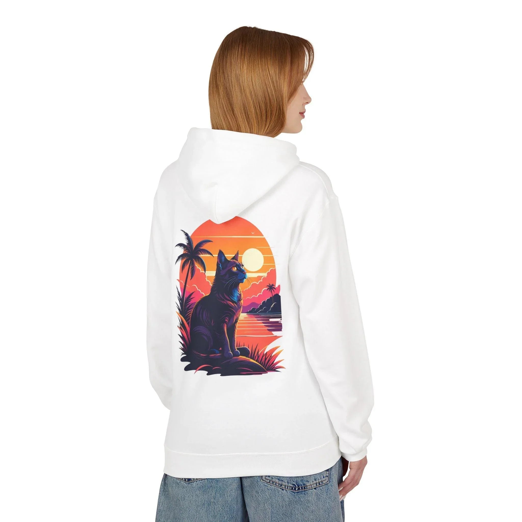 Cozy Cat Lover's Retro Sunset Fleece Hoodie