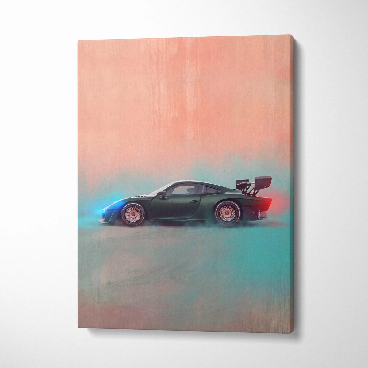 Porsche 935 inspired canvas art featuring a sleek dark green sports car with gold-rimmed wheels and rear spoiler