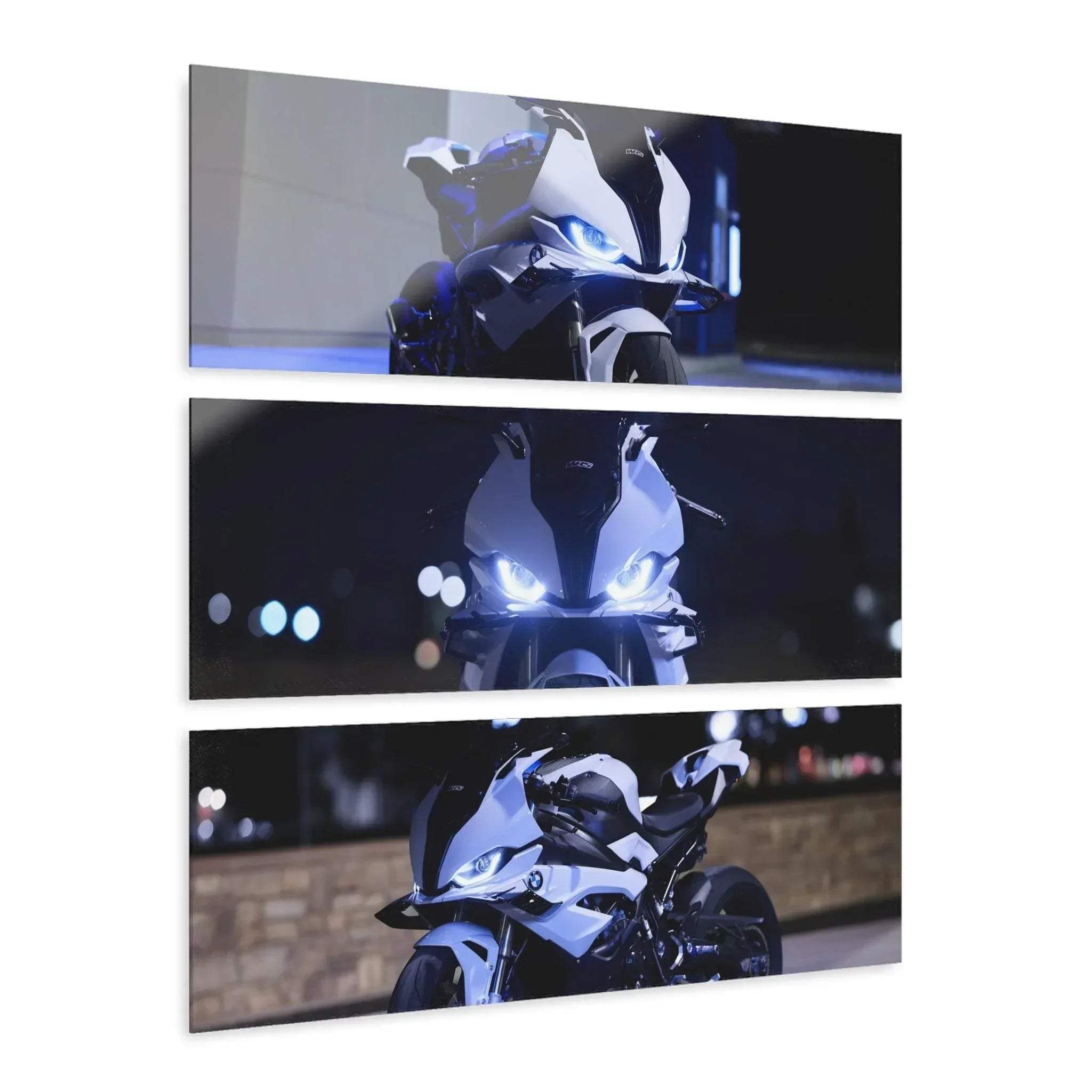 BMW S1000RR motorcycle canvas wall art in three horizontal panels with dark, moody lighting and blue highlights.