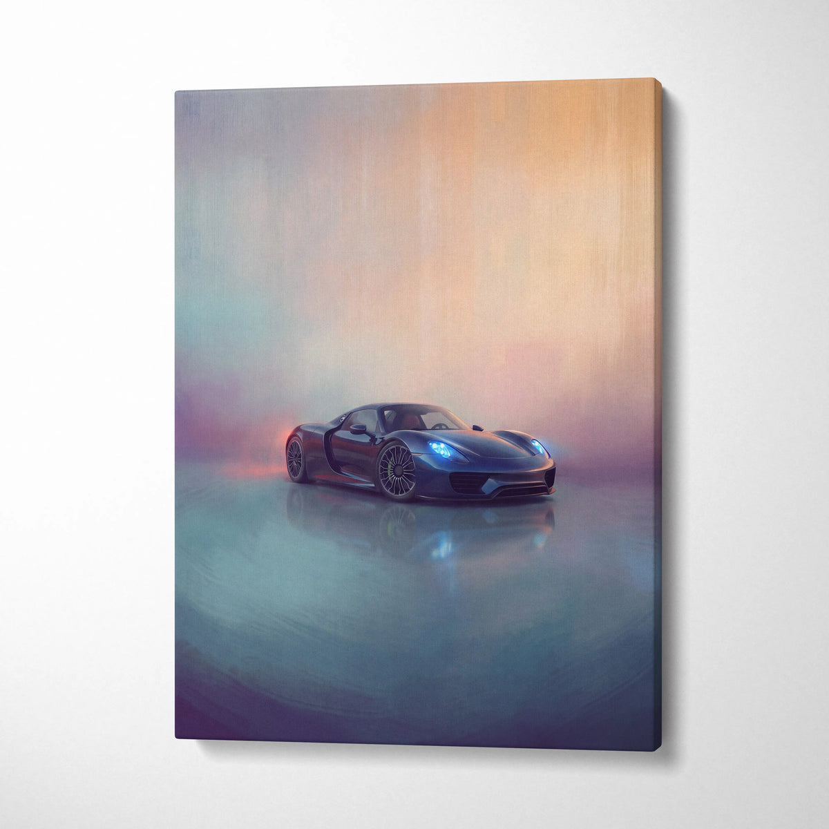 Porsche 918 Spyder inspired supercar canvas art featuring a sleek dark blue sports car with glowing headlights and gradient lighting