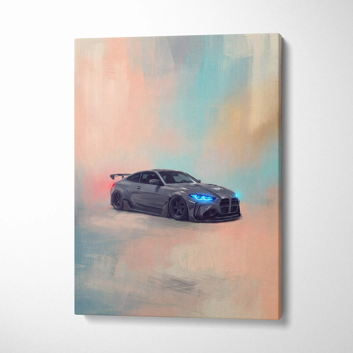 Gray BMW M4 coupe with glowing blue headlights and rear spoiler on modern automotive poster canvas painting wall art