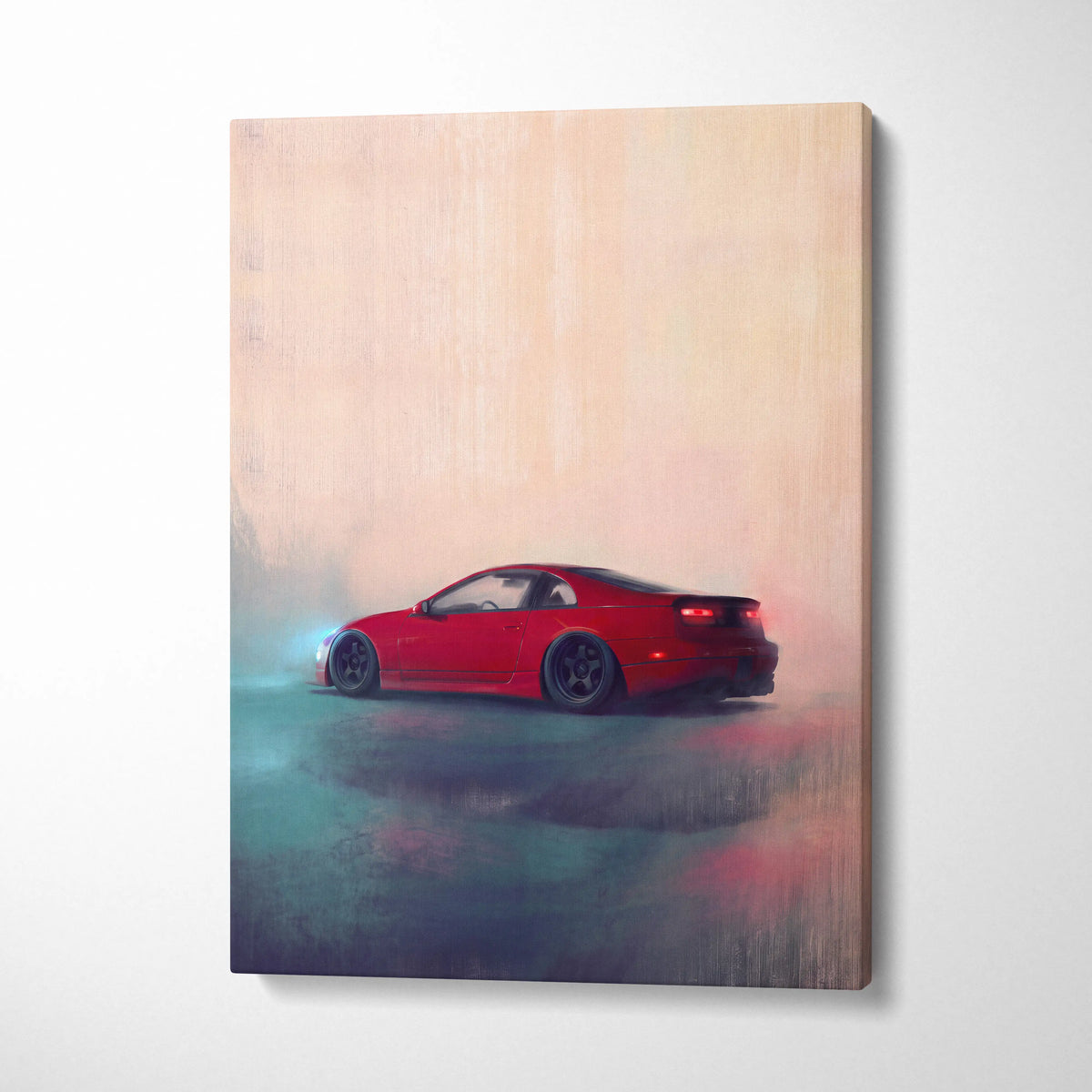 Red nissan 350z drift painting on canvas red sports vehicle wall art for modern living room decor
