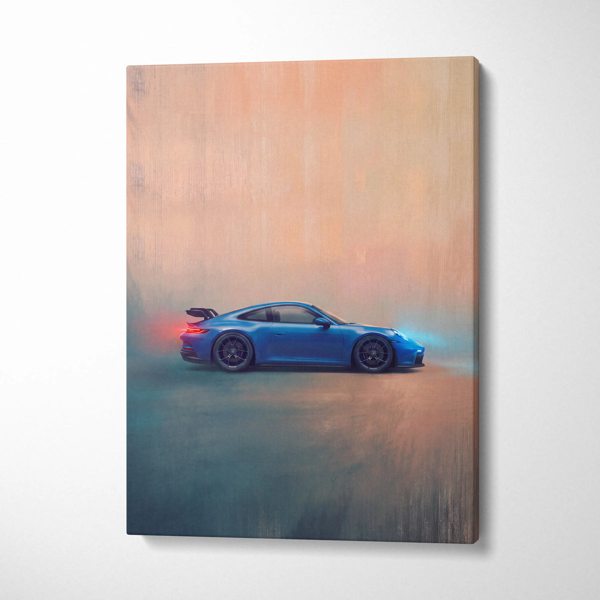 Vibrant blue porsche 911 gt3 inspired canvas art showing dynamic side profile on premium automotive wall decor