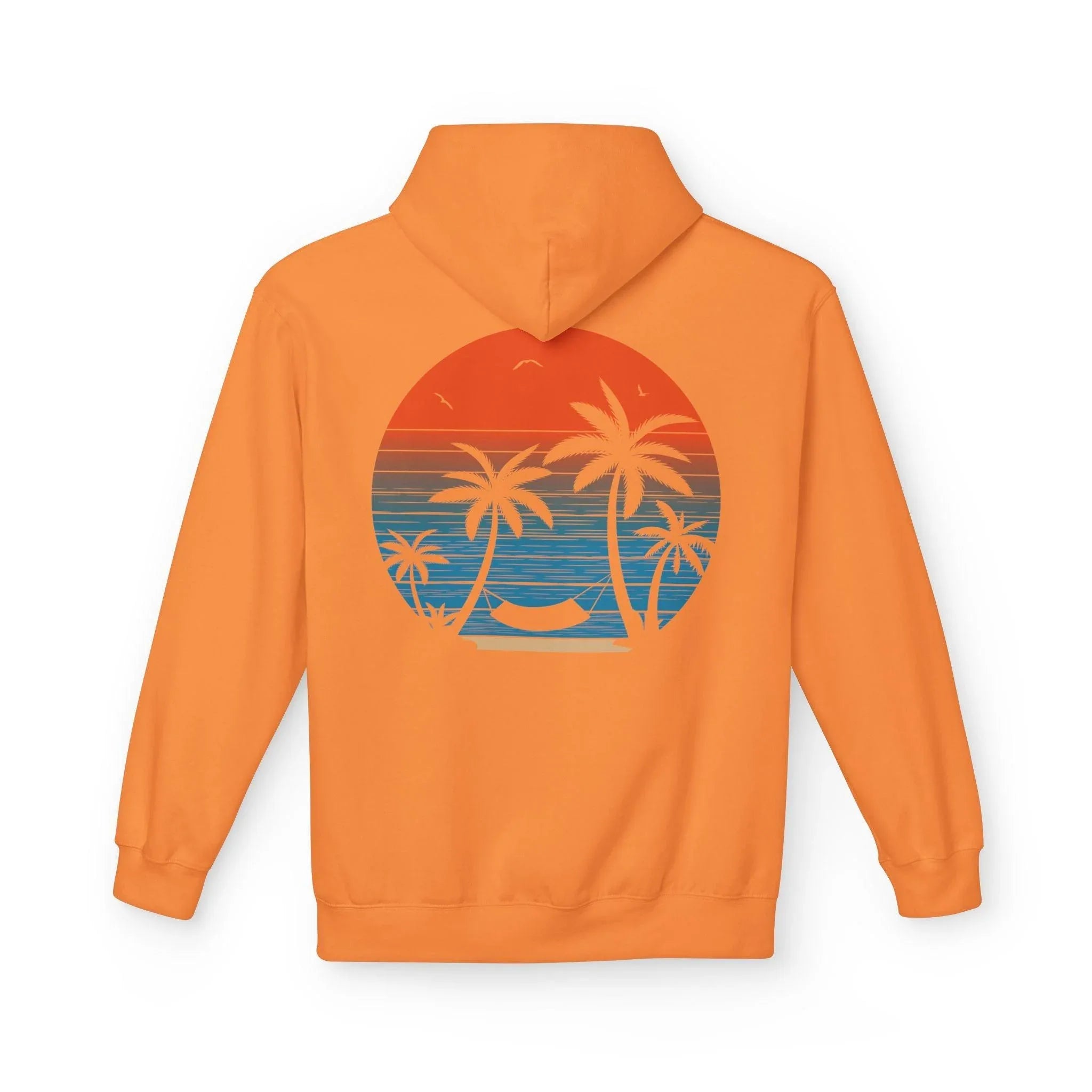 Cozy Beach Sunset Vibes Fleece Hoodie with Palm Tree Design