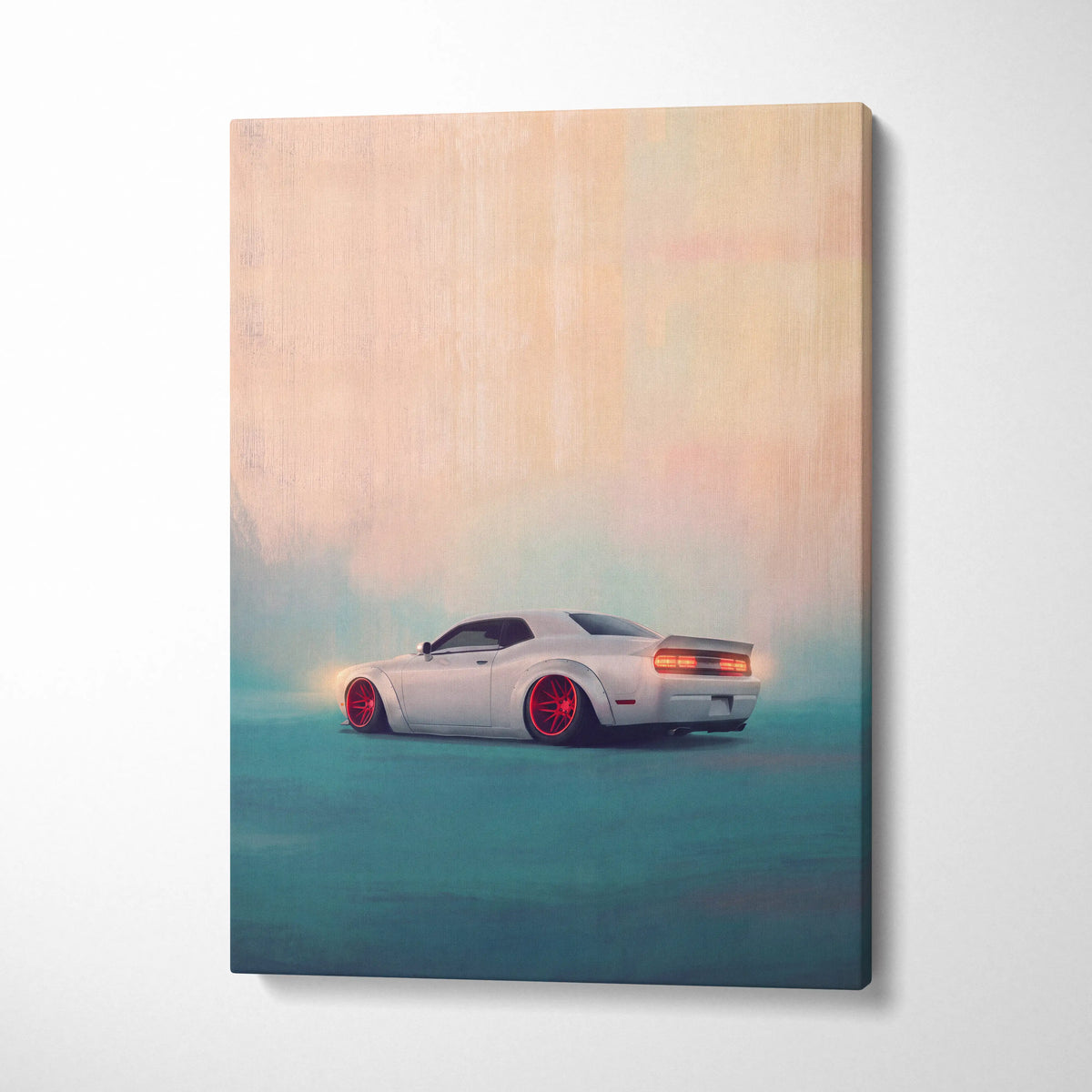 White dodge challenger with red rims on canvas art featuring widebody muscle car wall decor for bedroom use