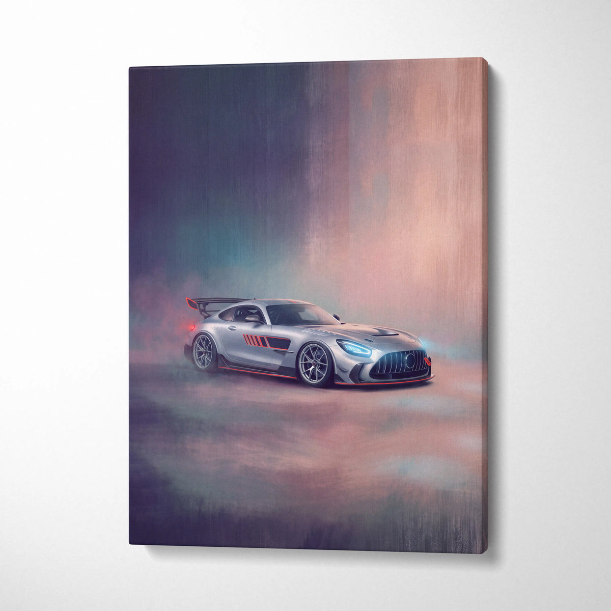 Silver mercedes-amg gt r with red accents and rear spoiler on luxury supercar canvas wall art print