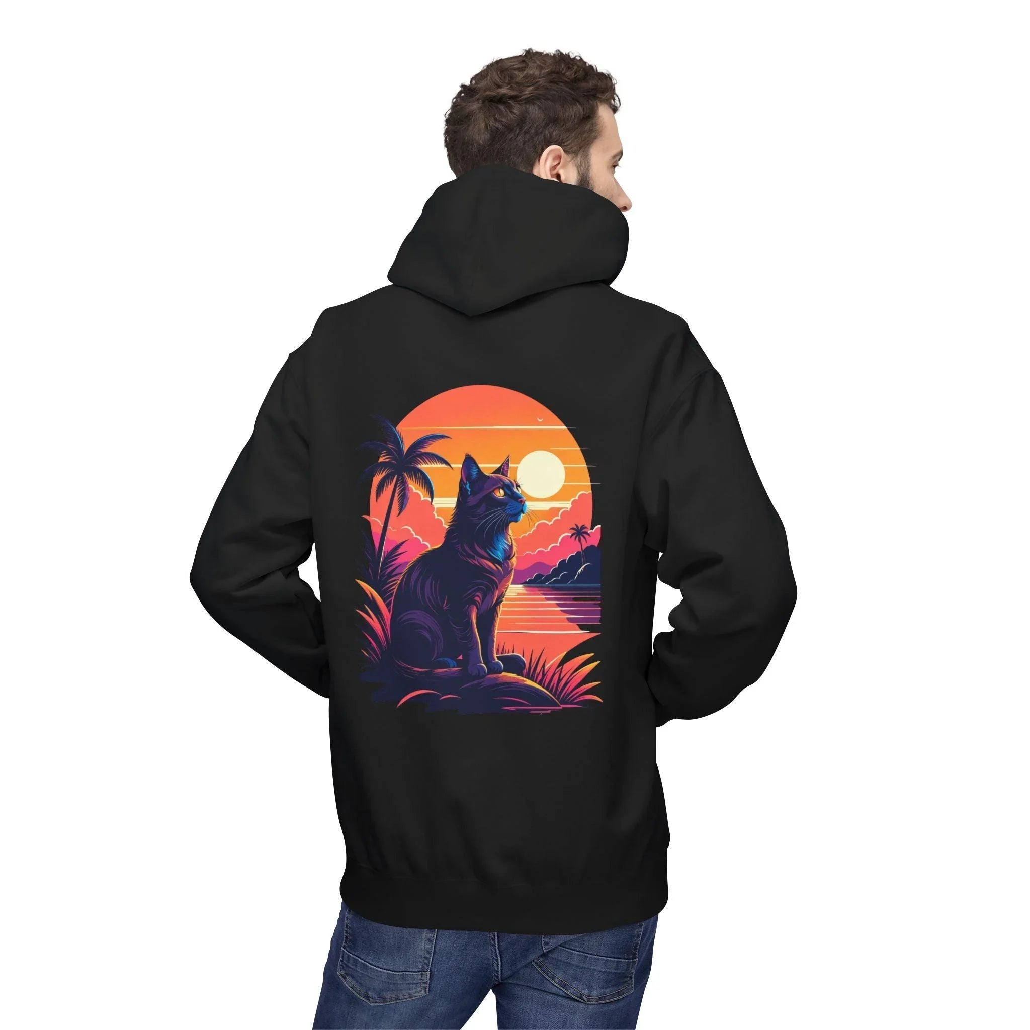 Cozy Cat Lover's Retro Sunset Fleece Hoodie