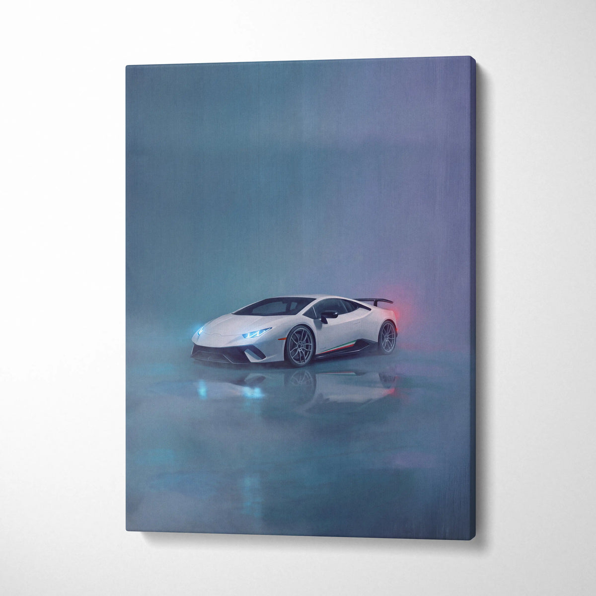White Lamborghini Huracán STO inspired sports car canvas print with glowing blue headlights and red taillights in mist