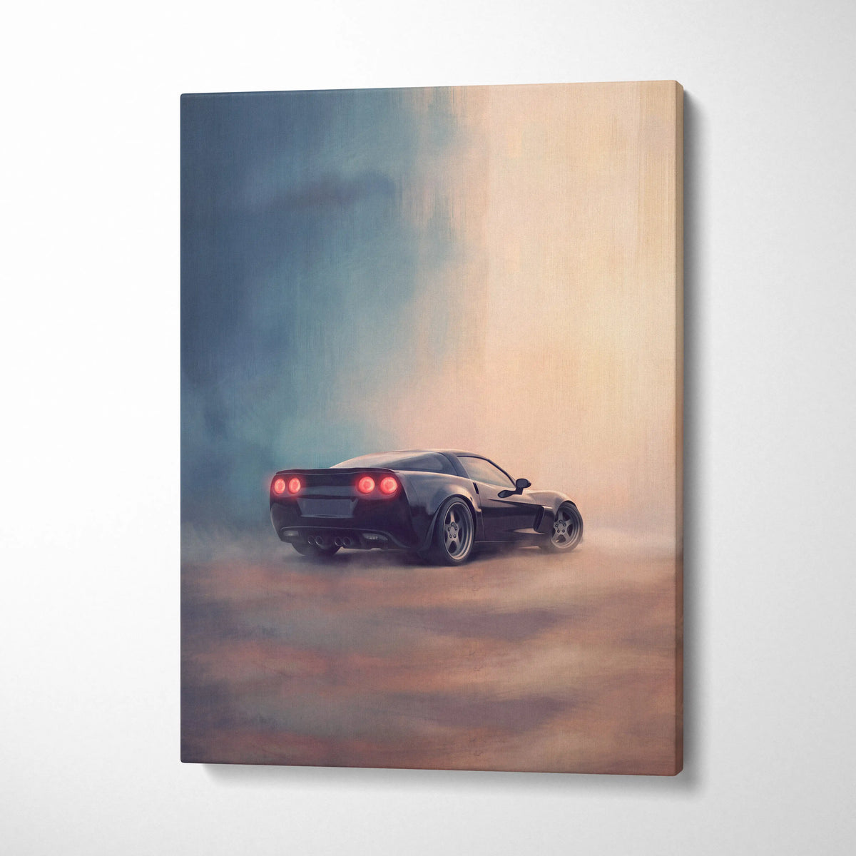 Chevrolet Corvette inspired canvas art featuring a black sports car drifting with glowing red taillights for garage decor