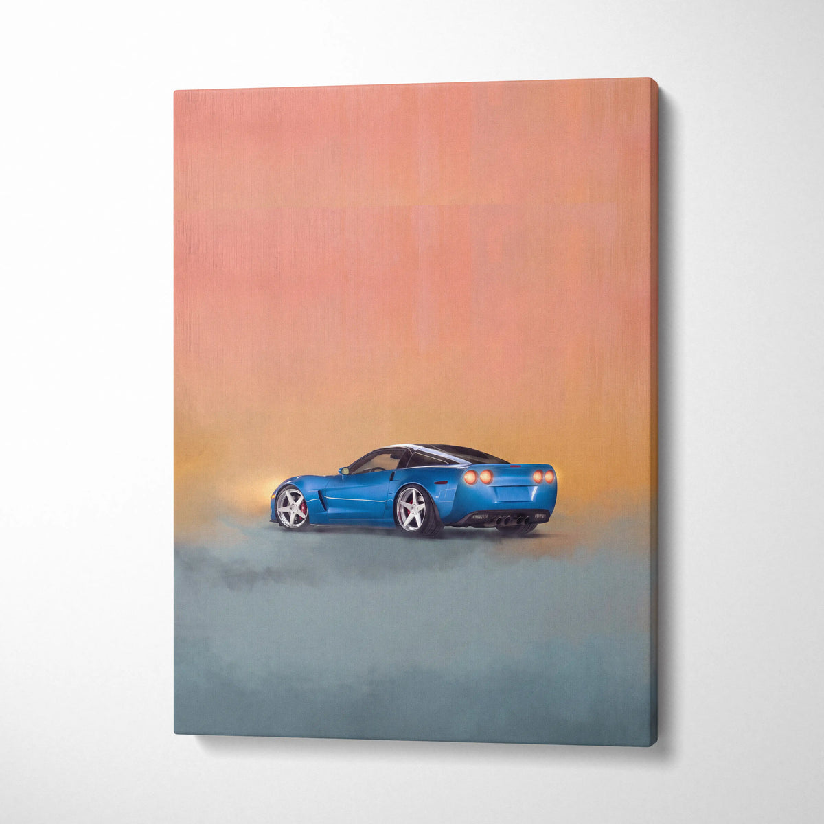 Chevrolet corvette inspired blue sports car wall art canvas print showing rear three-quarter view with headlights and smoke