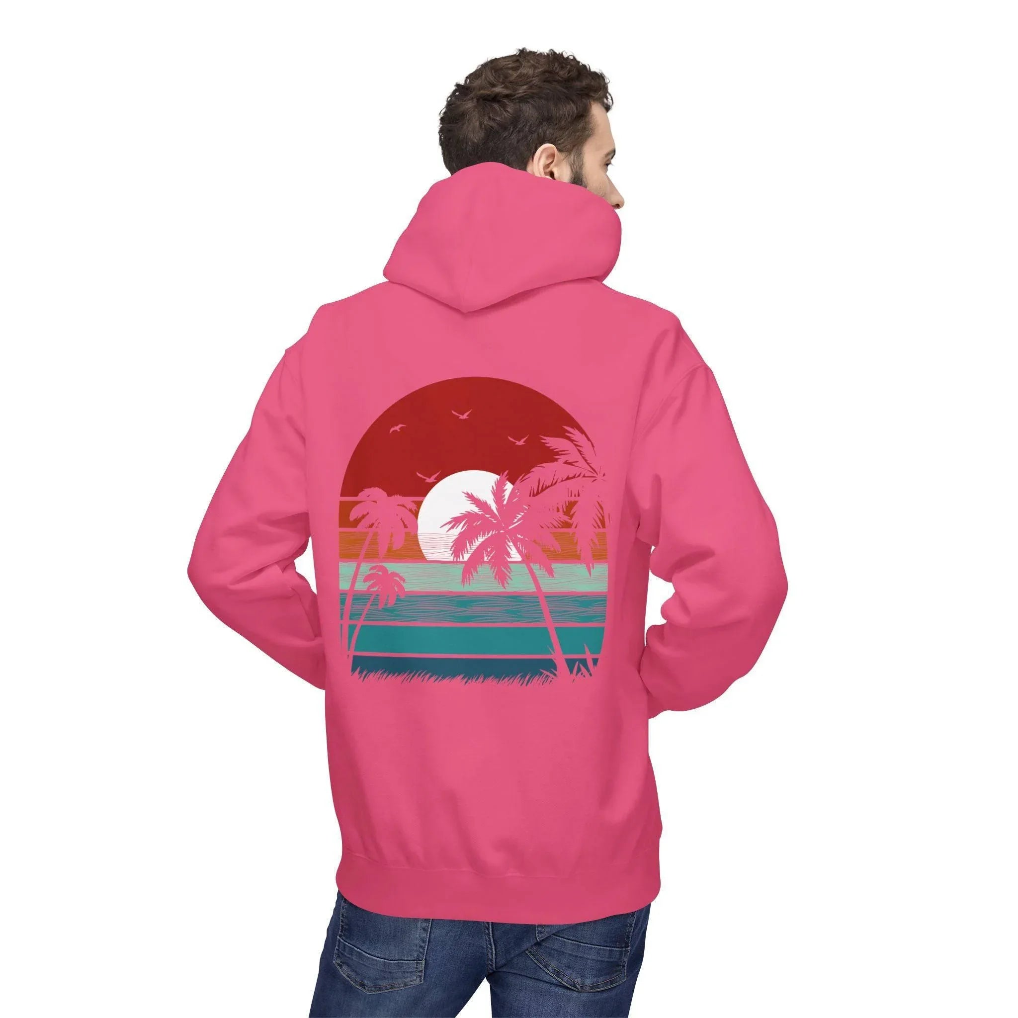 Cozy Retro Palm Tree Sunset Fleece Pullover Hoodie for Ultimate Comfort