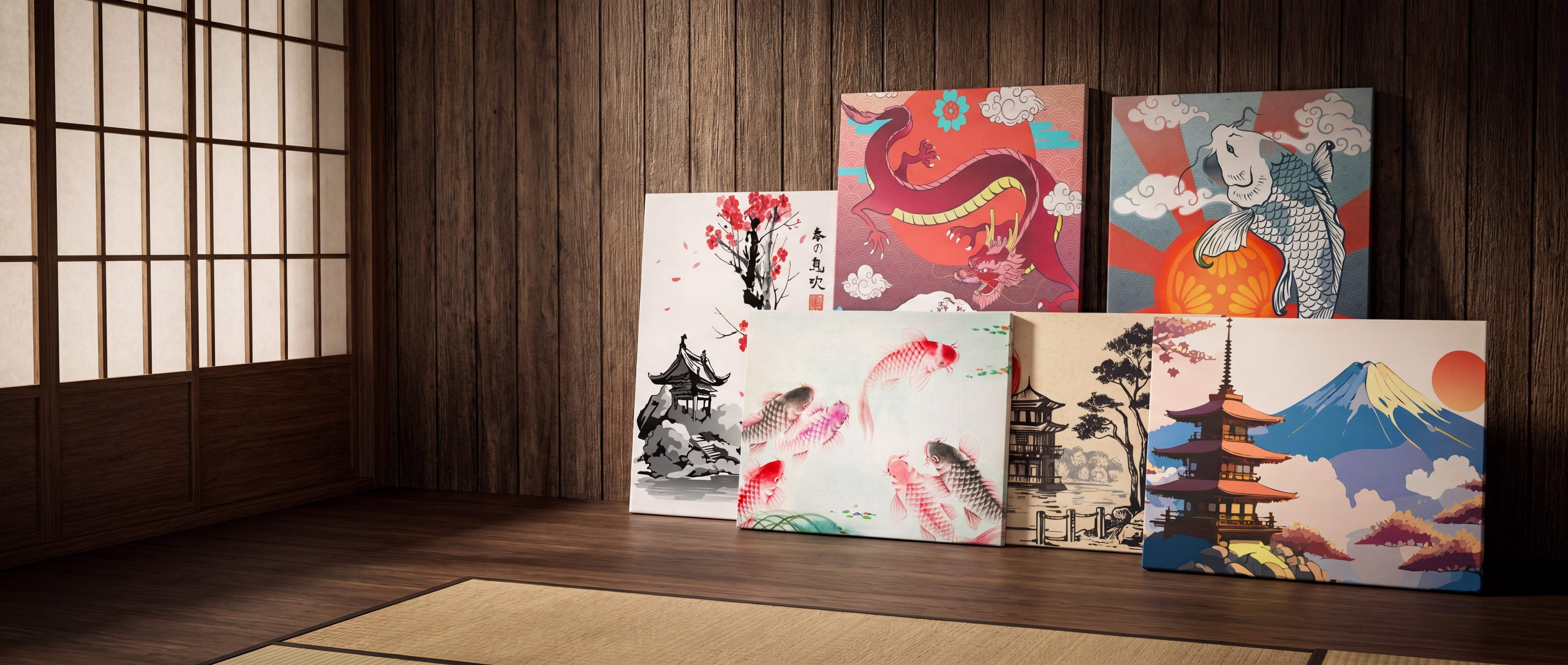 Set of five vibrant japanese-themed canvas prints featuring koi fish, pagodas, mount fuji, and traditional motifs in bold colors like red, pink, orange, and black.