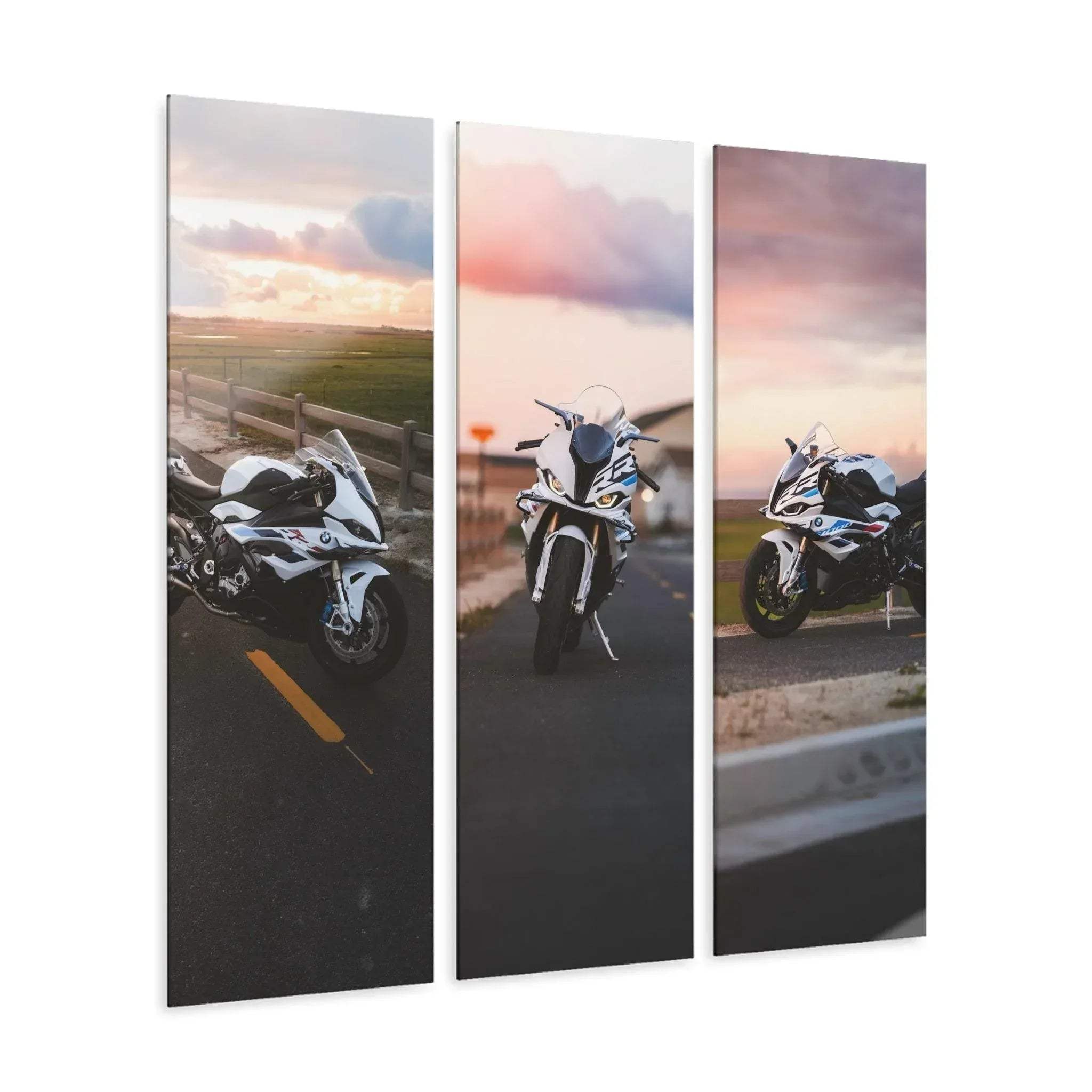 Three-piece canvas wall art featuring a BMW S1000RR motorcycle with sunset sky background.