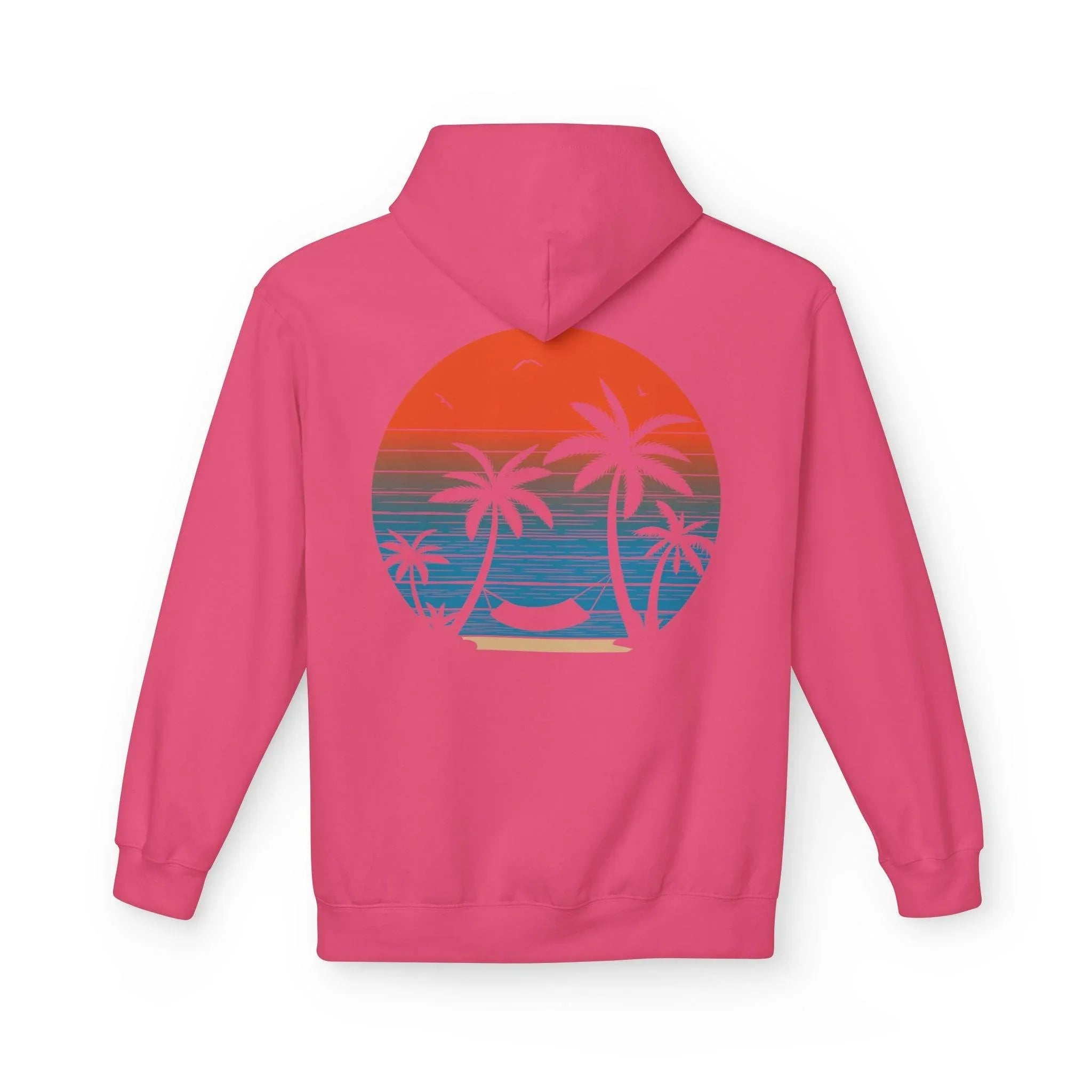 Cozy Beach Sunset Vibes Fleece Hoodie with Palm Tree Design