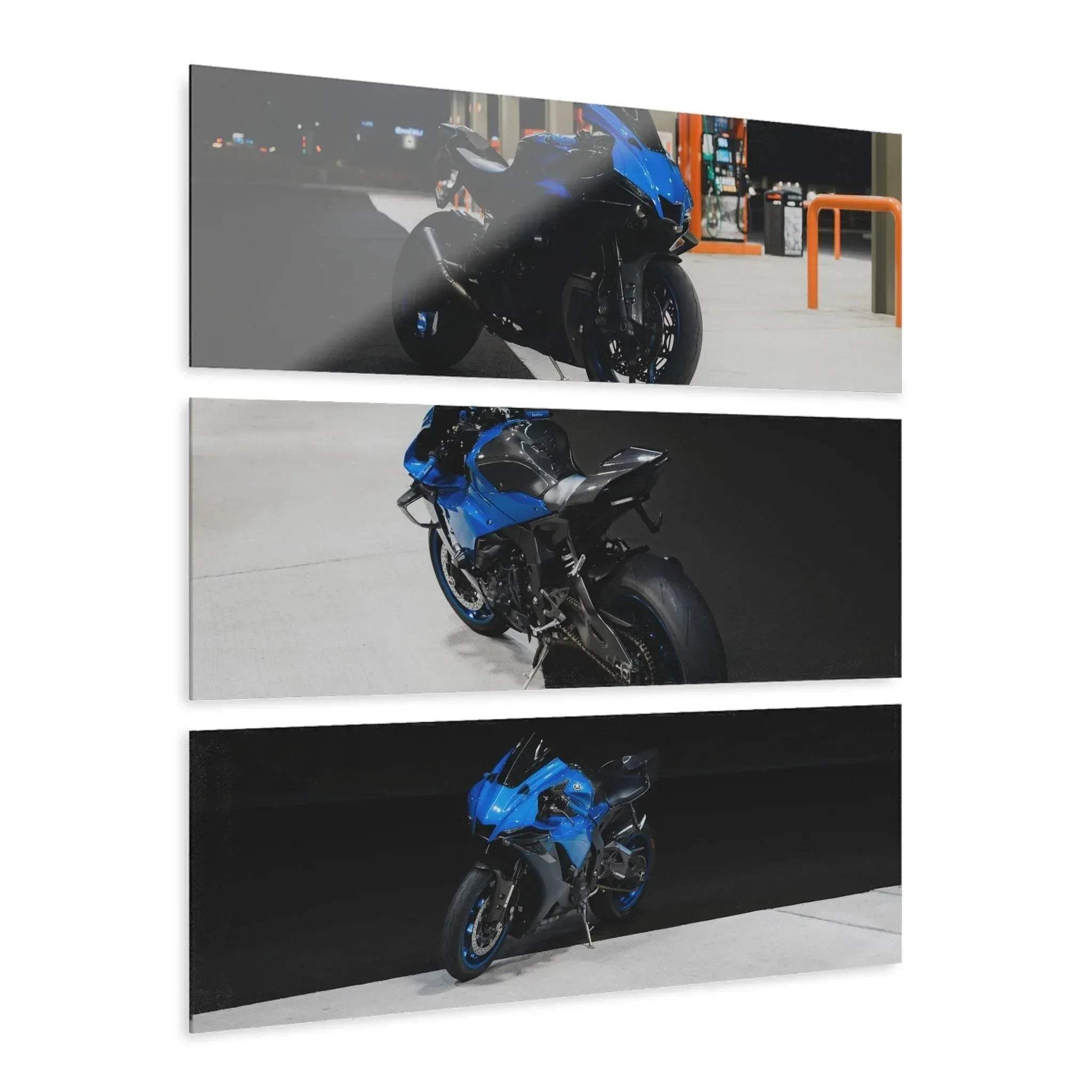 Three-piece canvas wall art featuring a blue Yamaha R1 motorcycle on black and gray backgrounds.