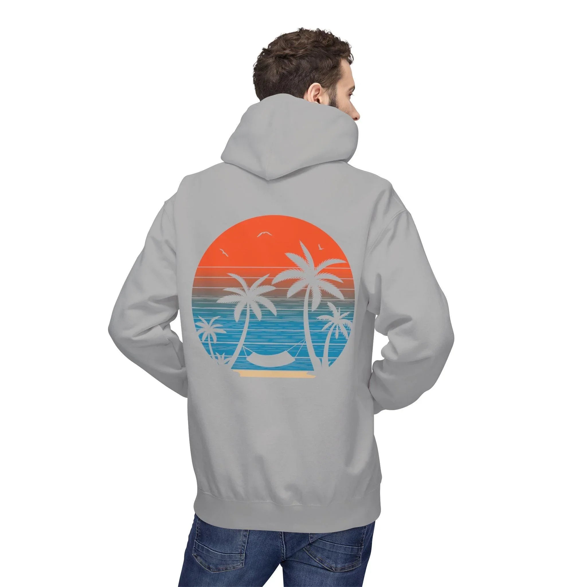 Cozy Beach Sunset Vibes Fleece Hoodie with Palm Tree Design