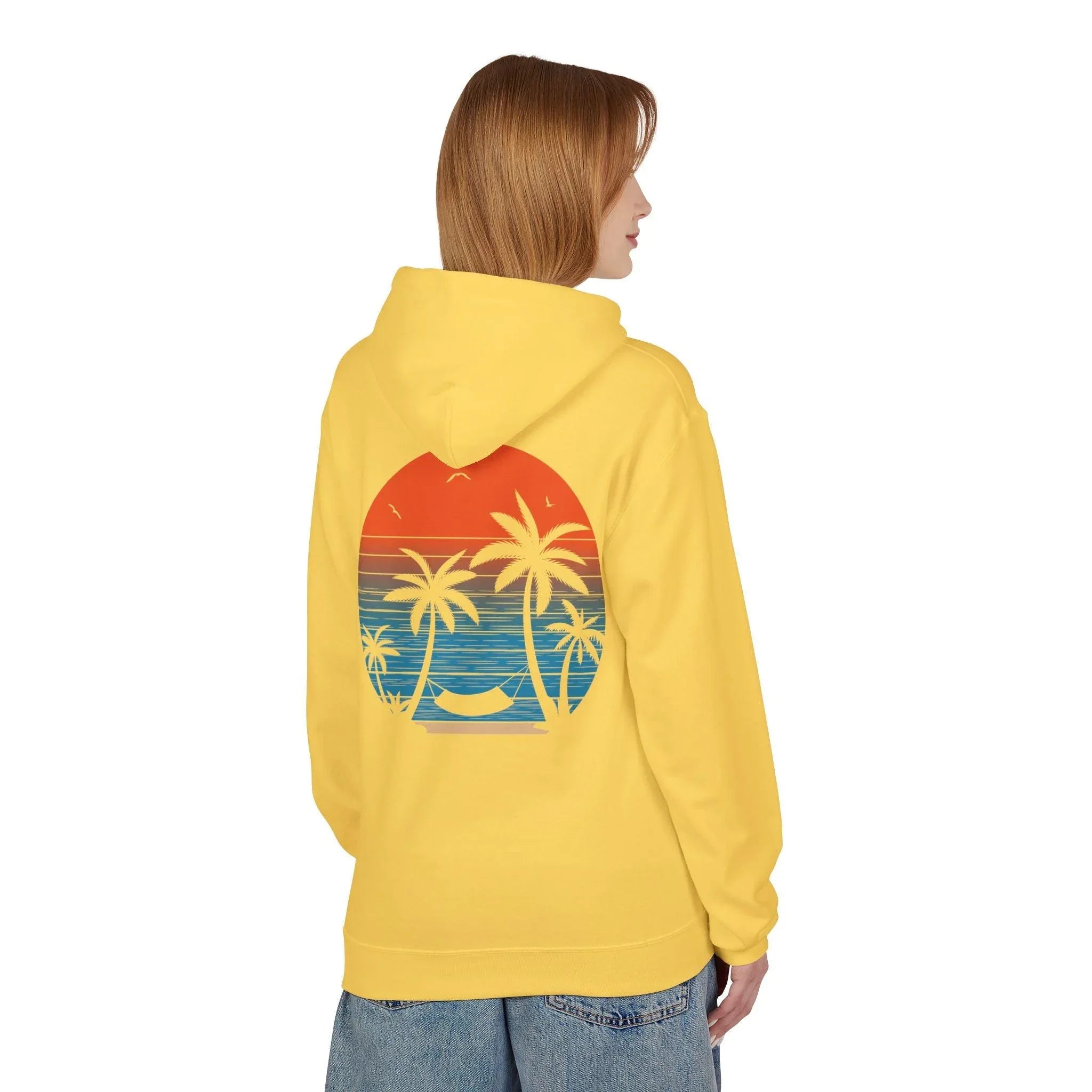 Cozy Beach Sunset Vibes Fleece Hoodie with Palm Tree Design