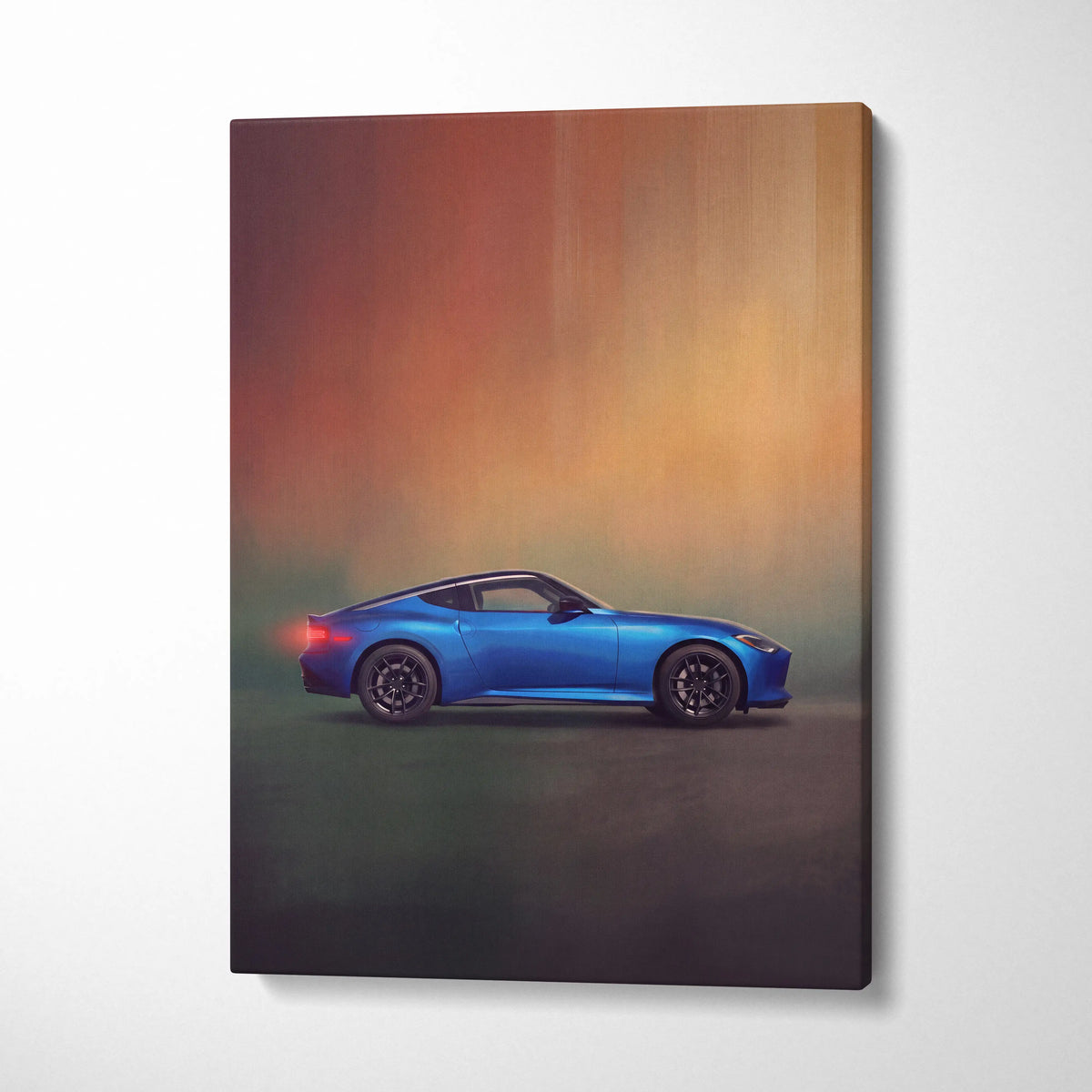 Vibrant blue nissan z inspired sports car depicted in dynamic side profile on modern canvas art for decor and display