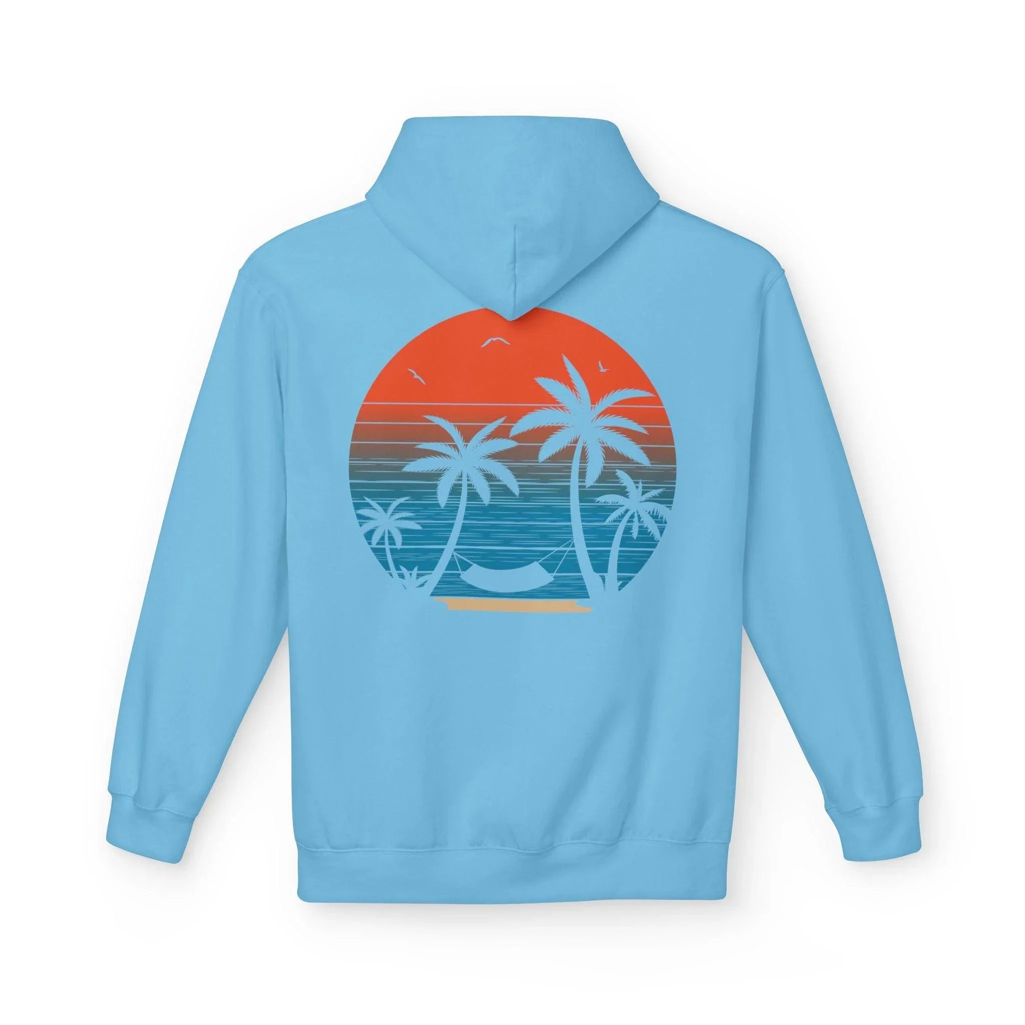 Cozy Beach Sunset Vibes Fleece Hoodie with Palm Tree Design