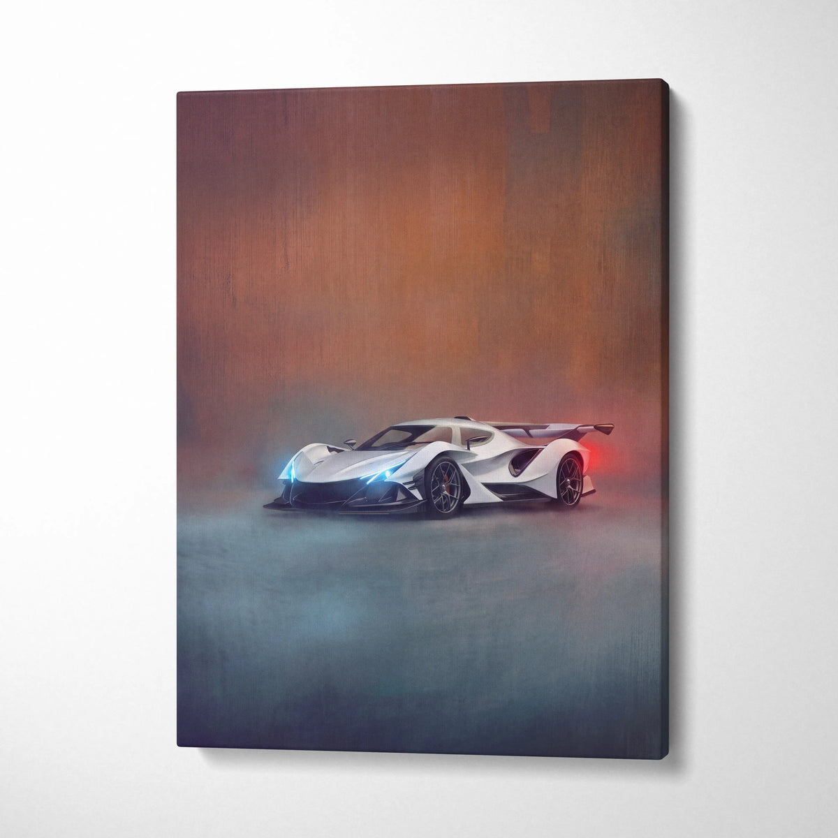 White futuristic apollo intensa emozione inspired sports car canvas art with glowing blue headlights and red taillights