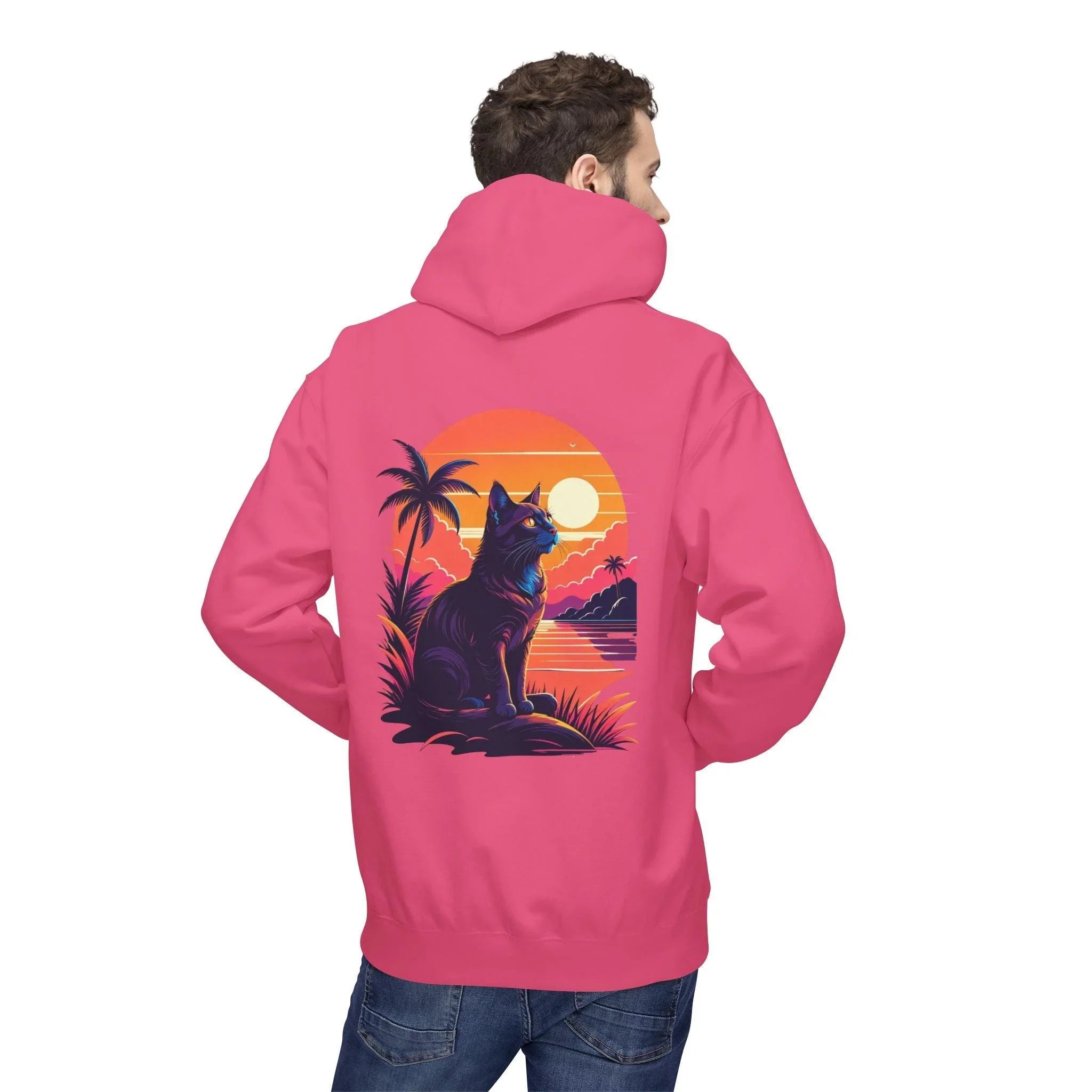 Cozy Cat Lover's Retro Sunset Fleece Hoodie
