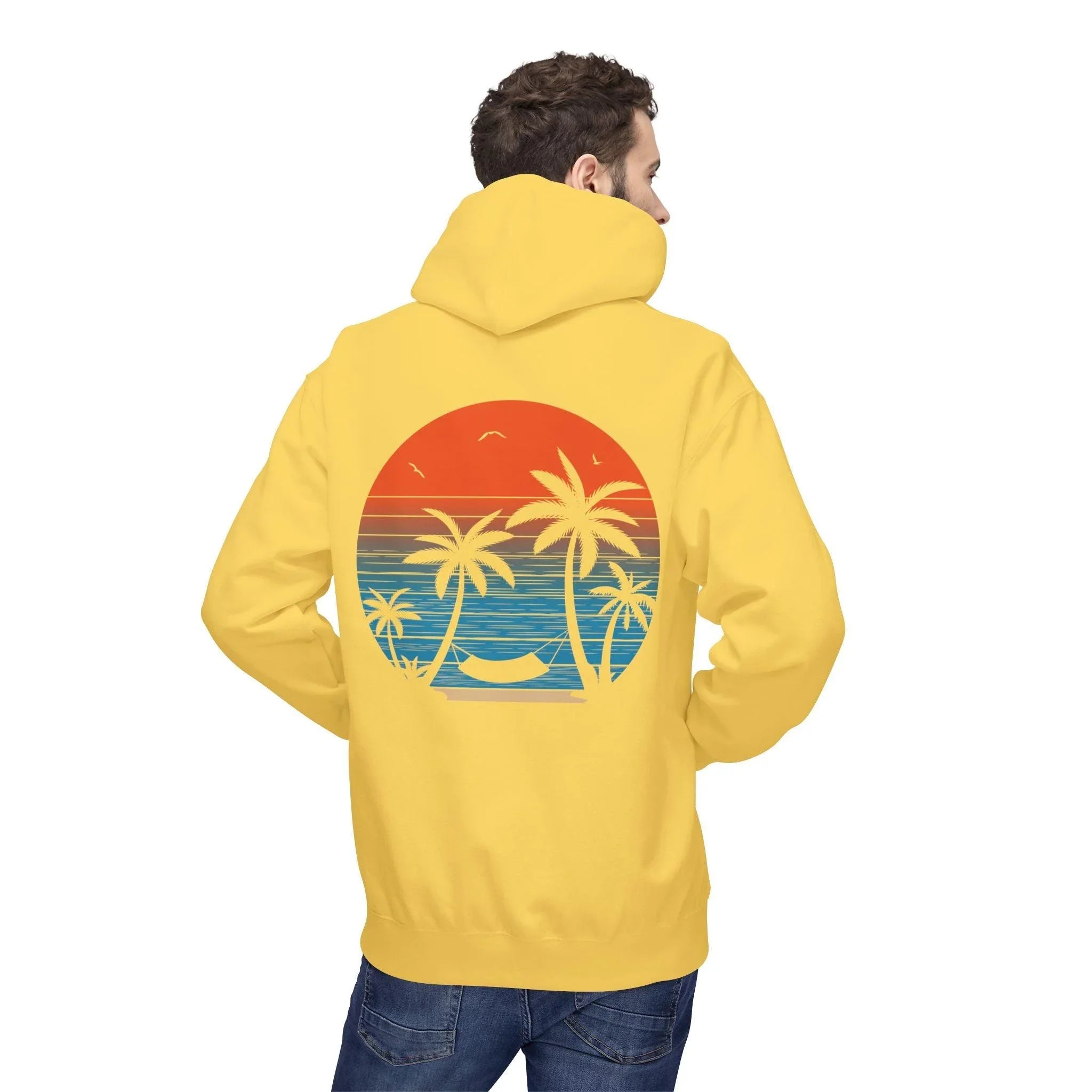 Cozy Beach Sunset Vibes Fleece Hoodie with Palm Tree Design
