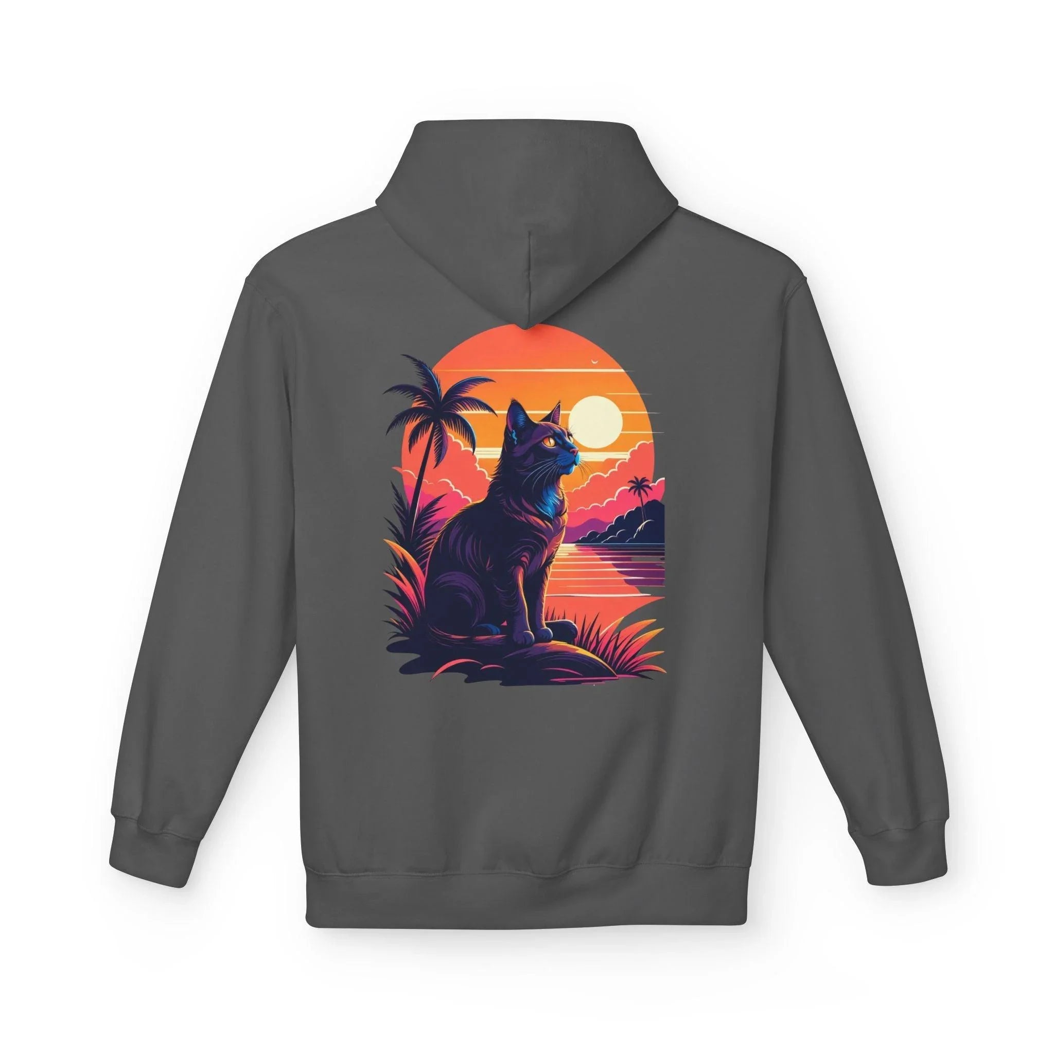 Cozy Cat Lover's Retro Sunset Fleece Hoodie