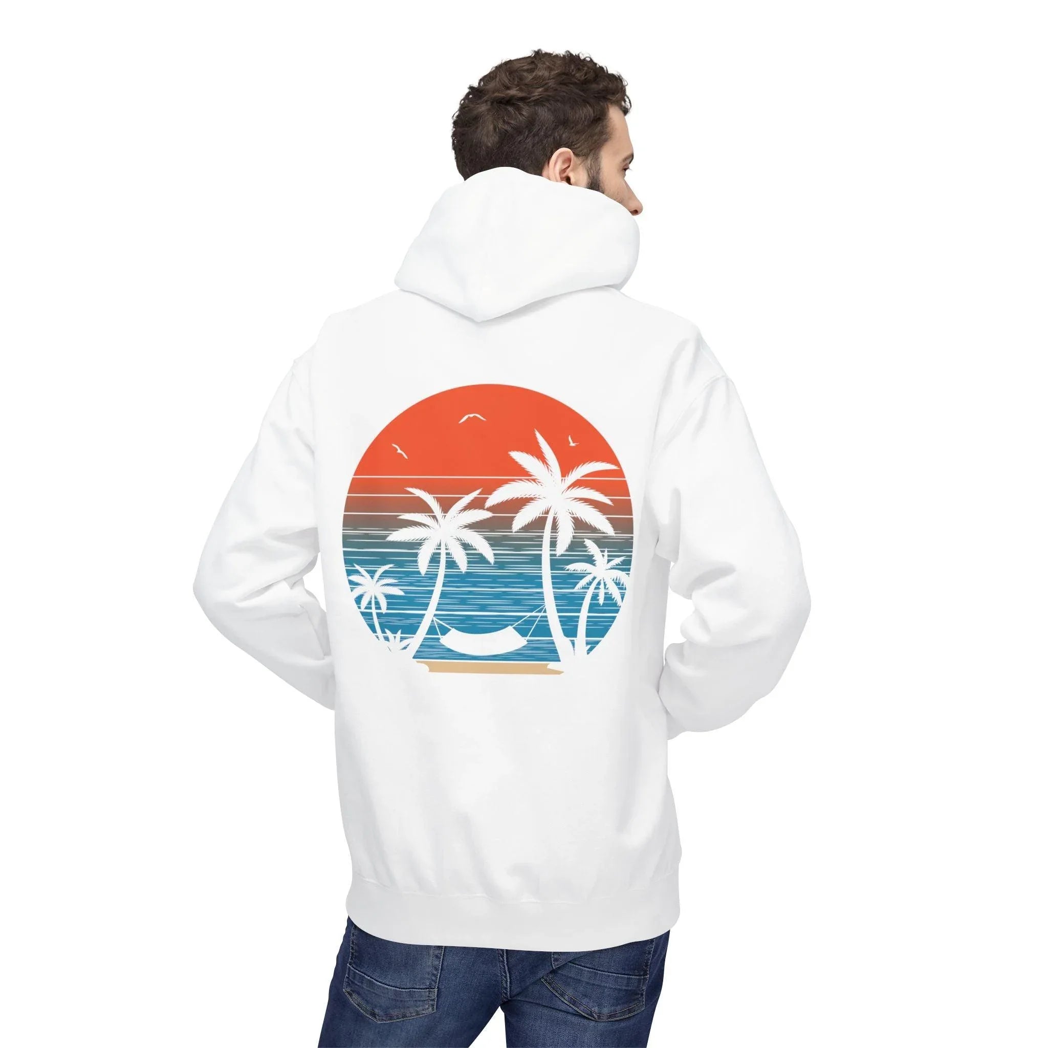 Cozy Beach Sunset Vibes Fleece Hoodie with Palm Tree Design