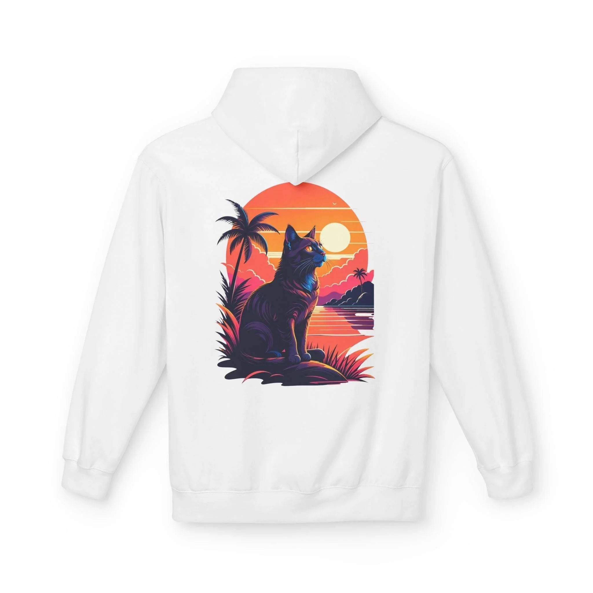 Cozy Cat Lover's Retro Sunset Fleece Hoodie