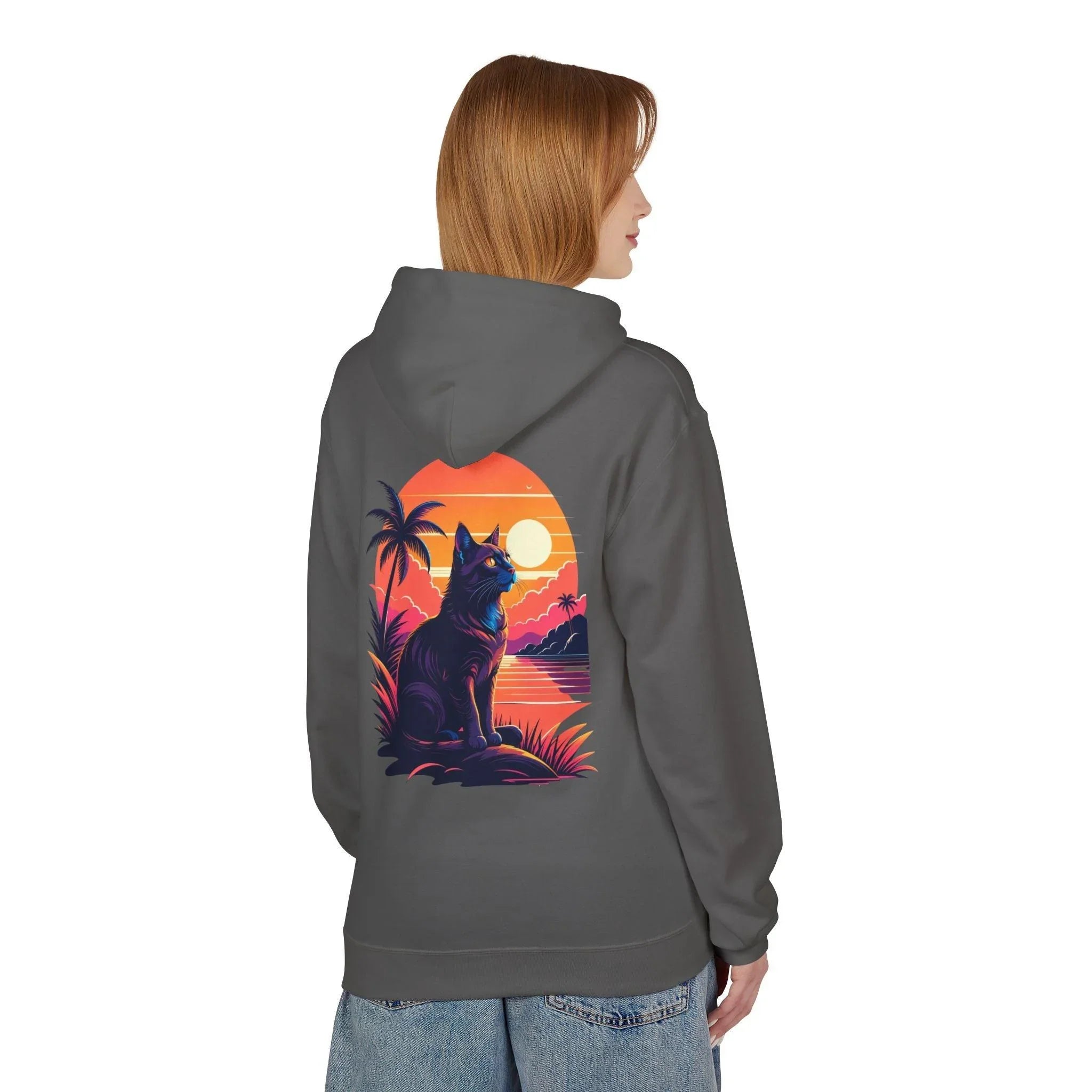 Cozy Cat Lover's Retro Sunset Fleece Hoodie