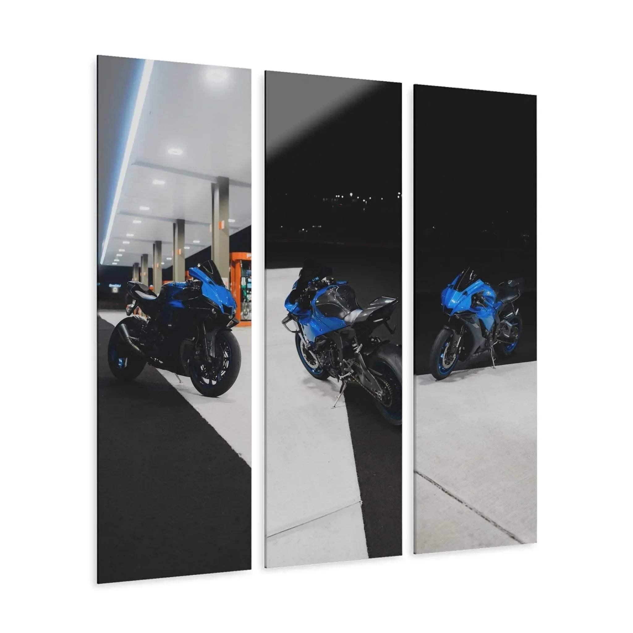 Yamaha R1 motorcycle in blue and black on three-panel canvas wall art with automotive garage background.