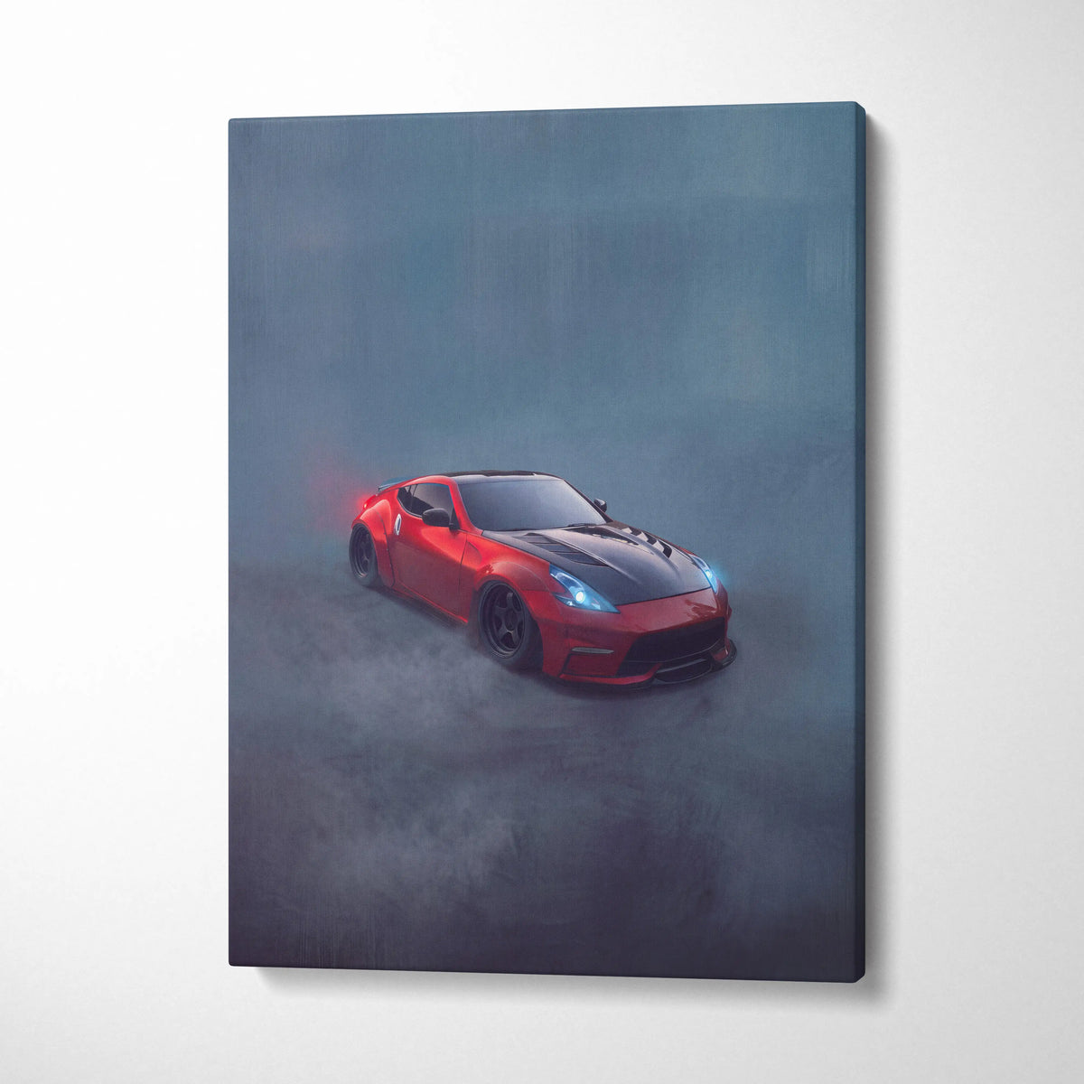 Red and black nissan 370z inspired canvas art with glowing blue headlights for luxury performance vehicle decor
