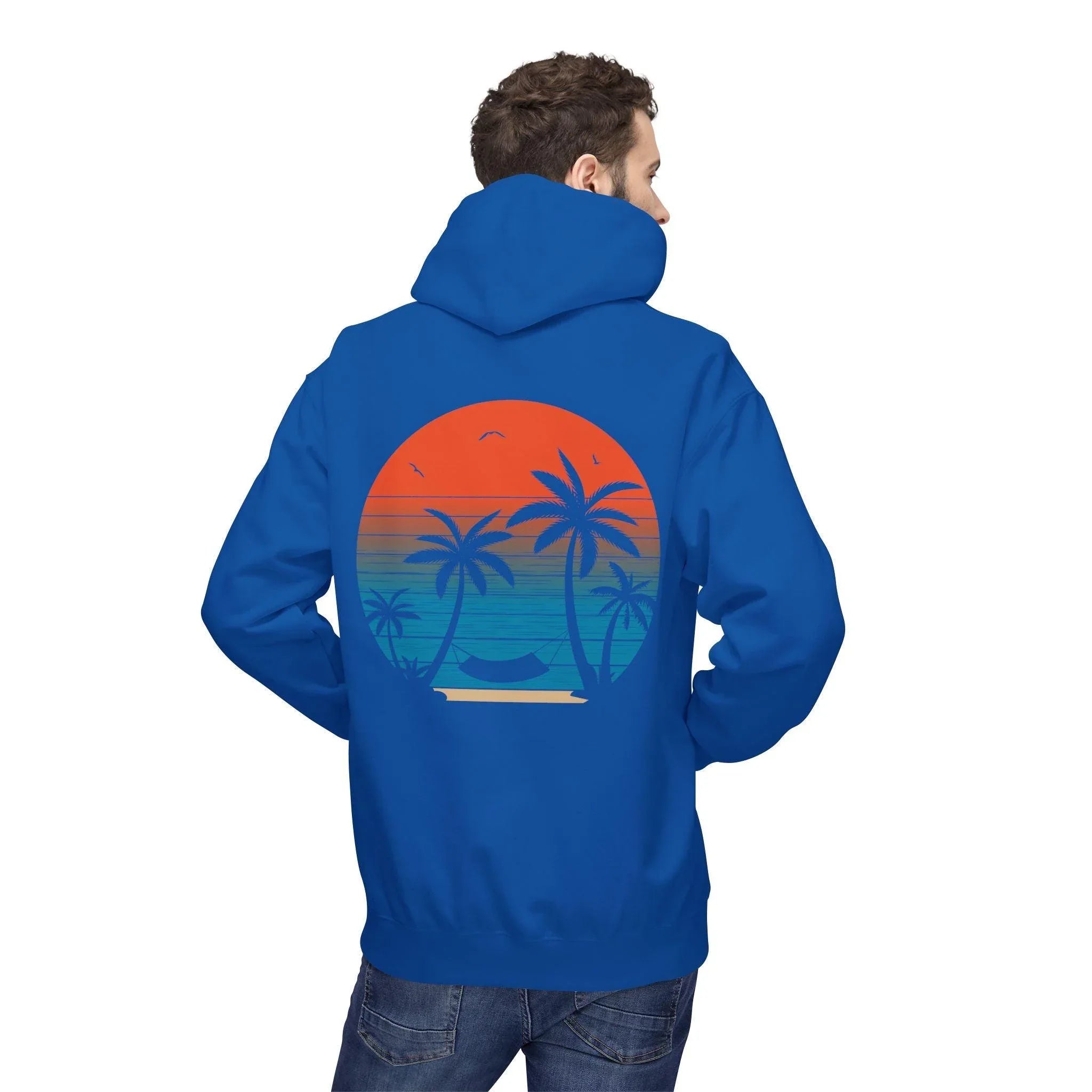 Cozy Beach Sunset Vibes Fleece Hoodie with Palm Tree Design