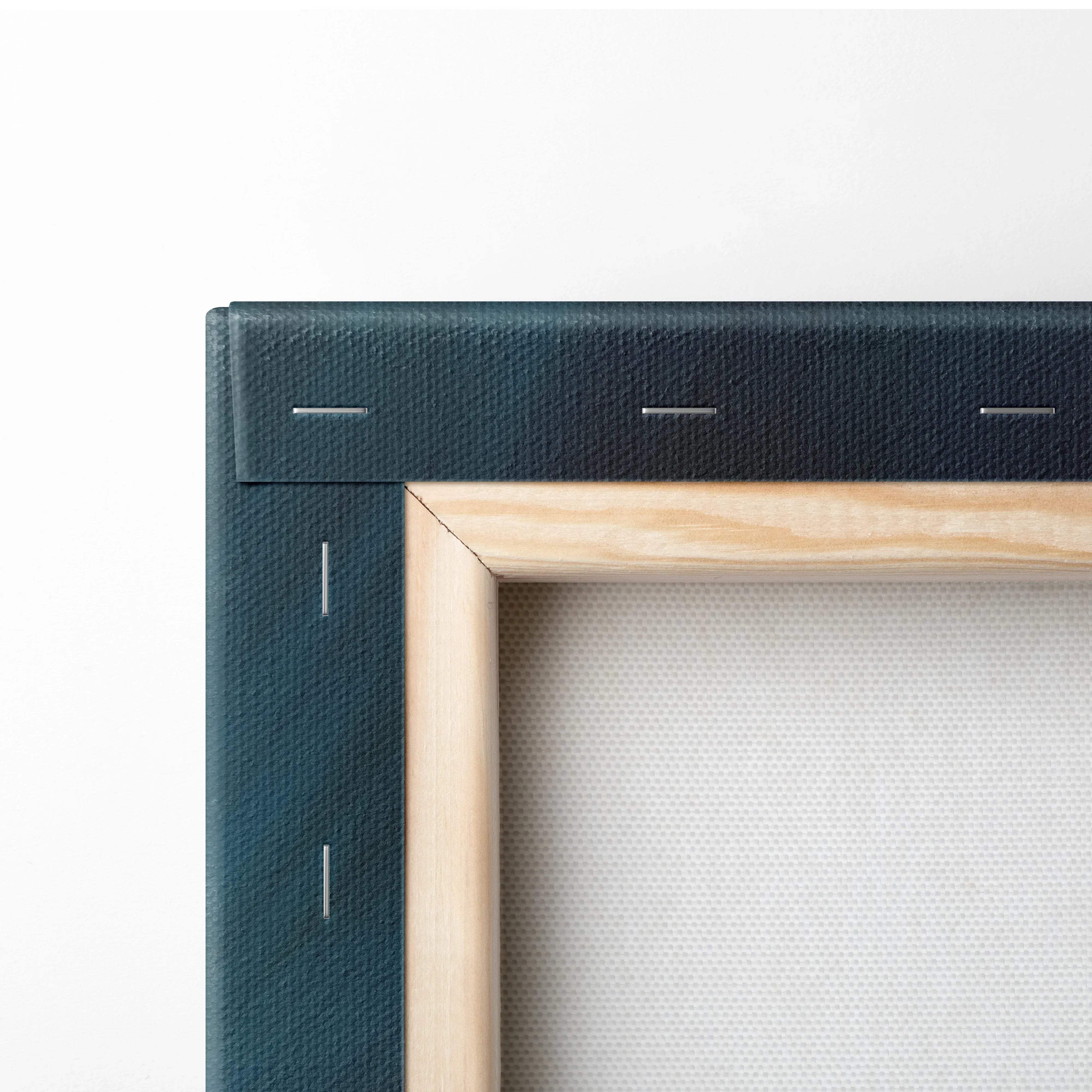 Dark teal canvas frame with light wood border on Visionary Hypercar art