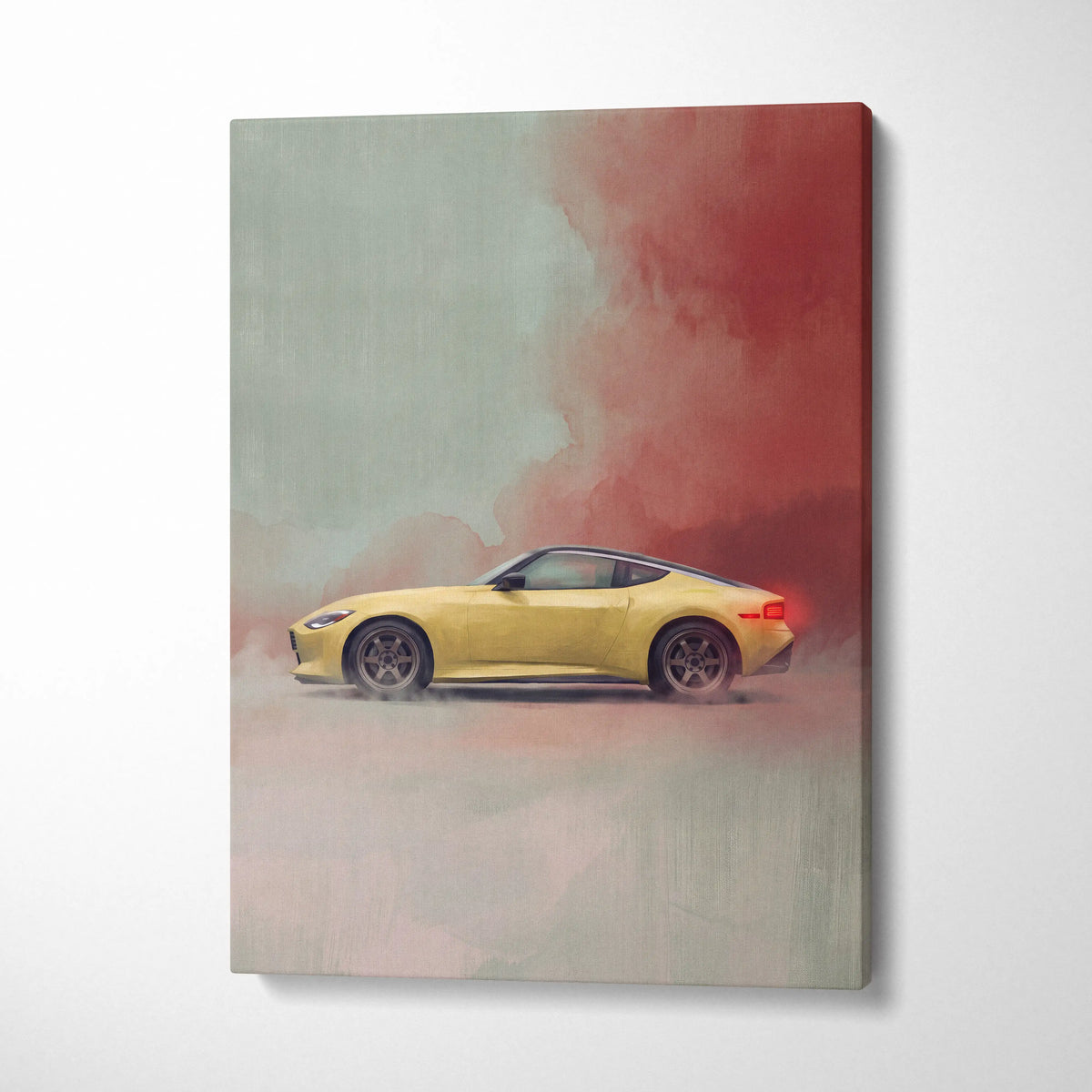 Nissan Z Inspired Automotive Wall Art - Yellow Sports Car Canvas Painting for Garage Decor