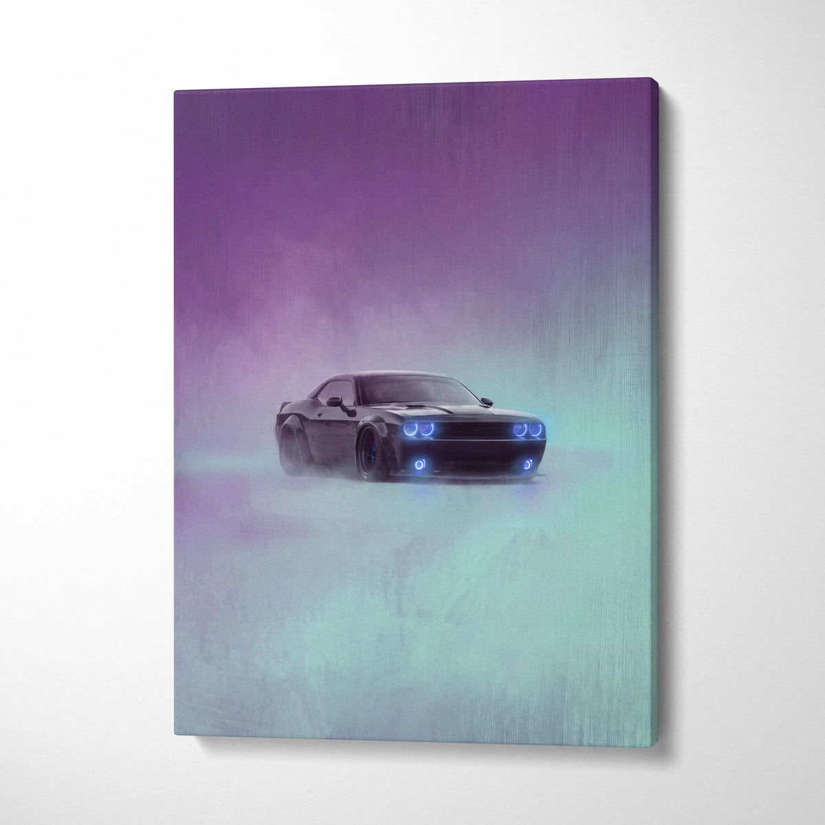 Dodge Challenger Inspired Canvas Art, Neon Blue Glow Custom Car Wall Decor