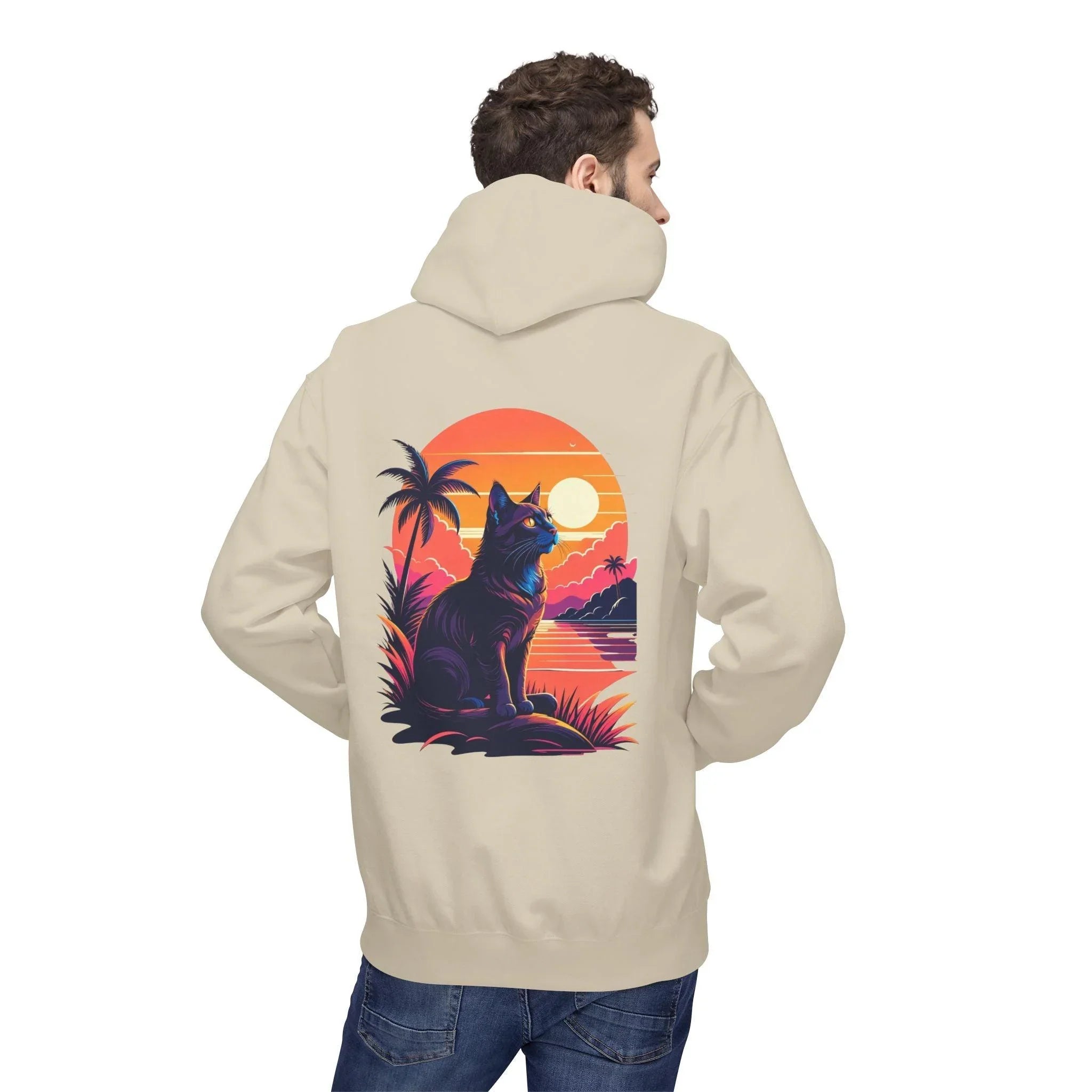 Cozy Cat Lover's Retro Sunset Fleece Hoodie