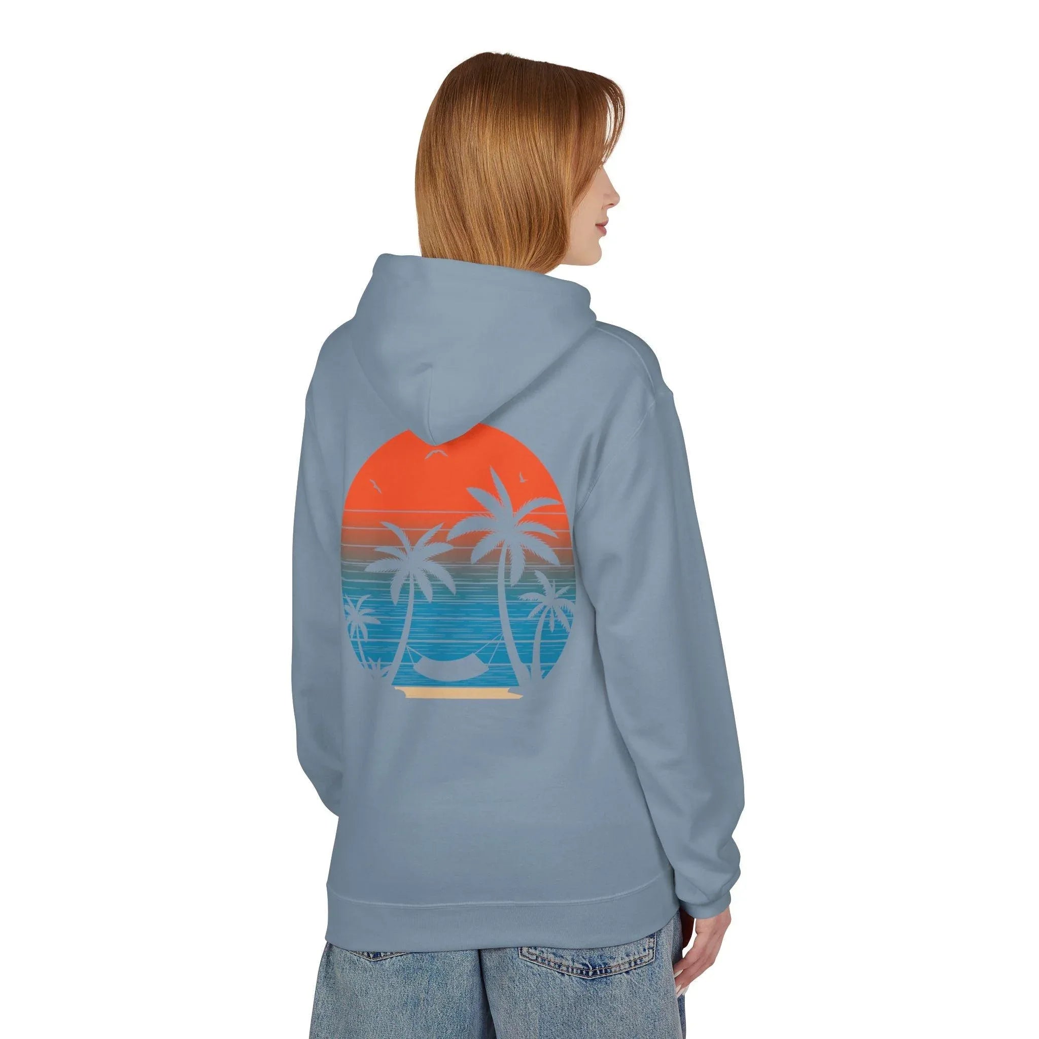 Cozy Beach Sunset Vibes Fleece Hoodie with Palm Tree Design