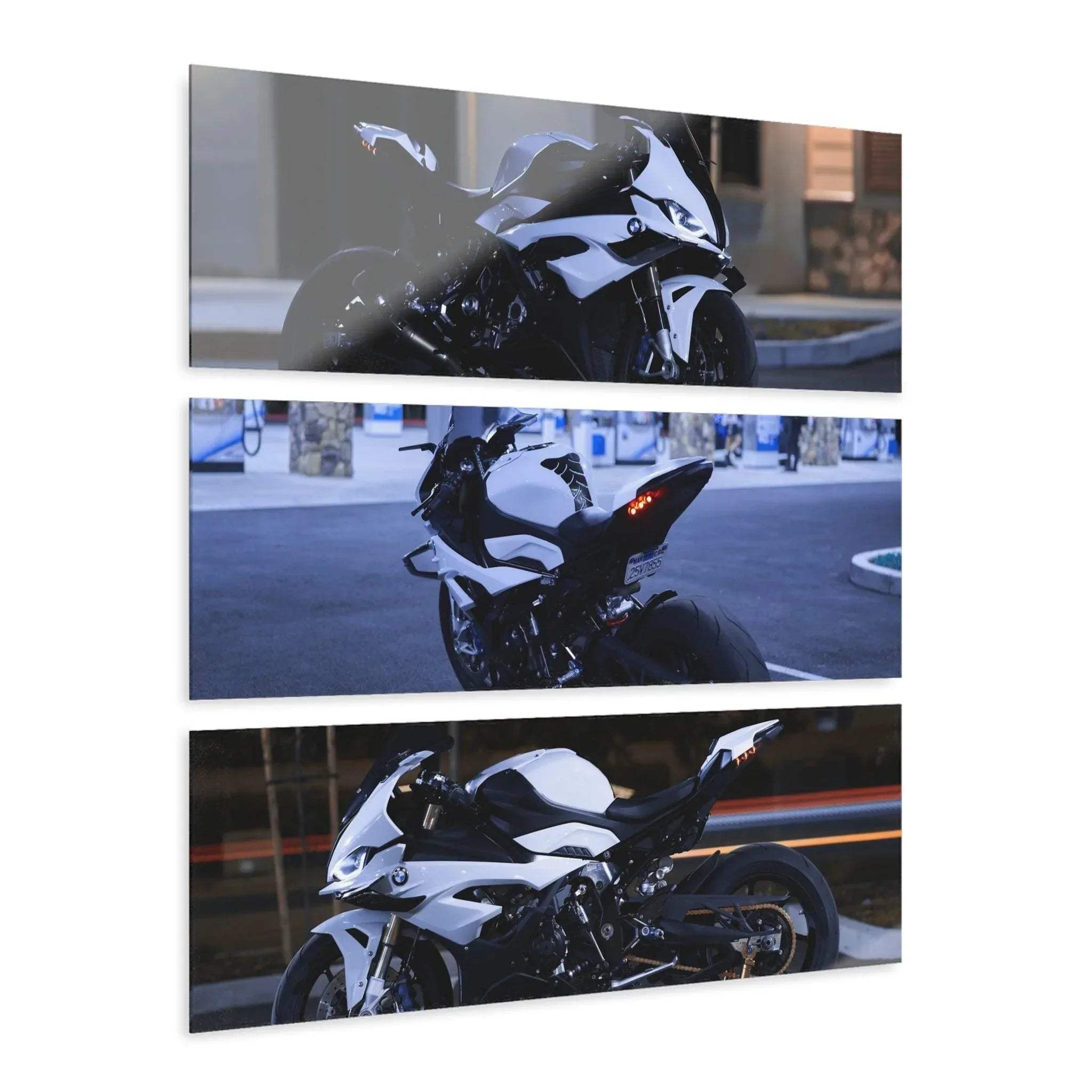 BMW S1000RR motorcycle triptych canvas wall art with sleek black and white bike details.