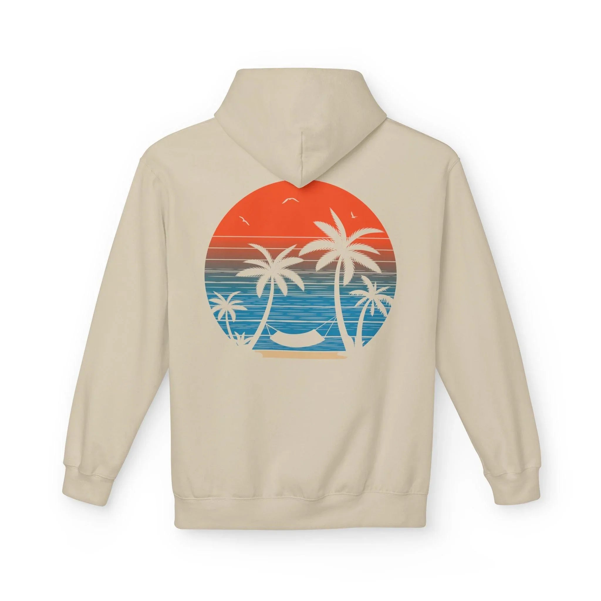 Cozy Beach Sunset Vibes Fleece Hoodie with Palm Tree Design