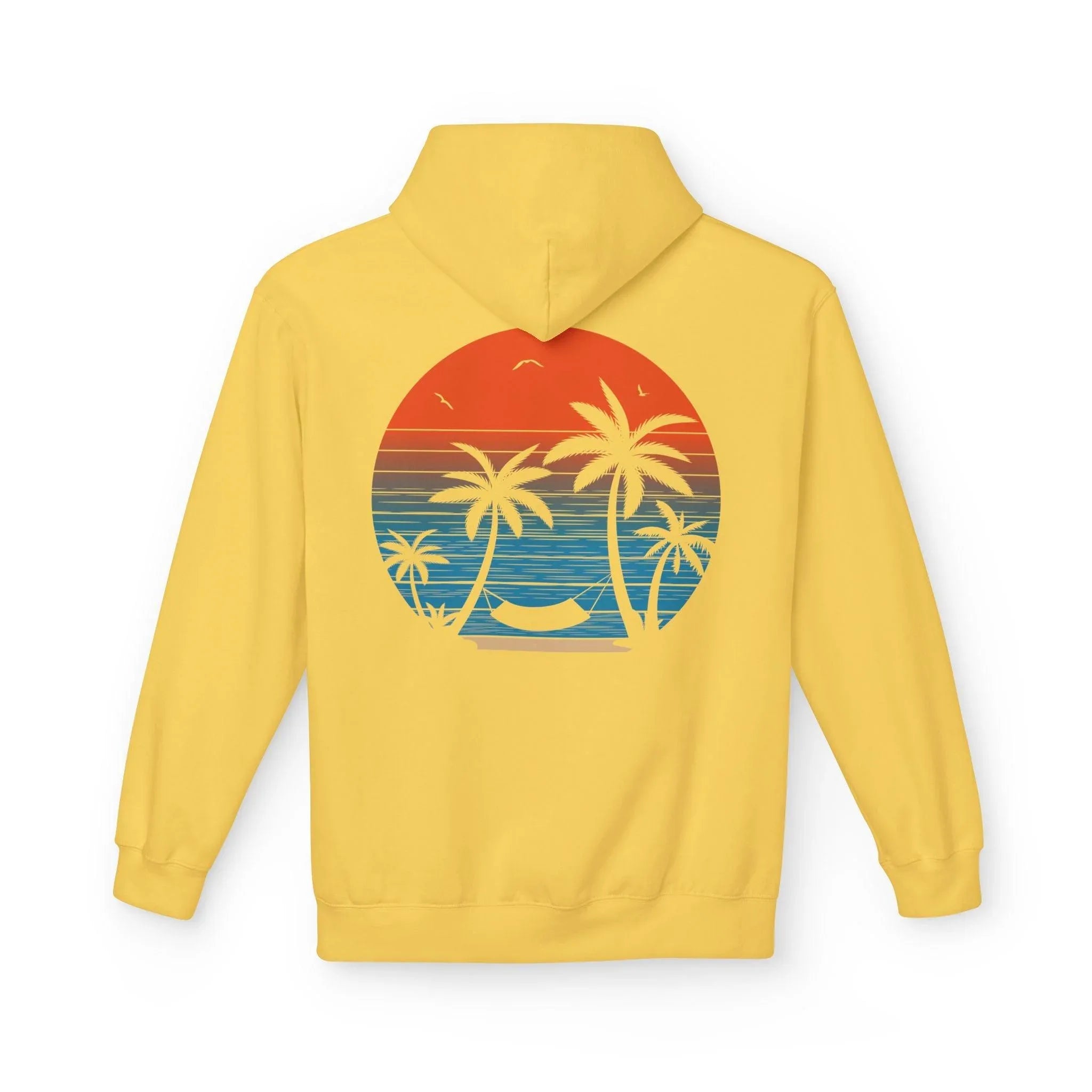 Cozy Beach Sunset Vibes Fleece Hoodie with Palm Tree Design