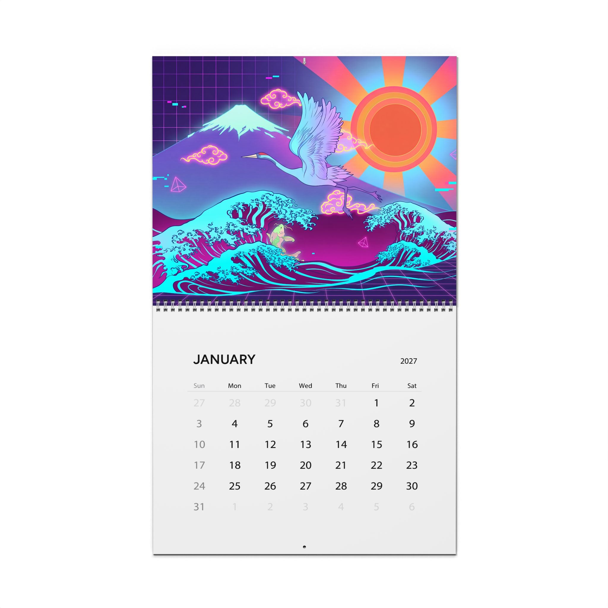 2027 Japan Inspired Vaporwave Wall Calendar – Koi Fish, Mount Fuji & Neon Wave Artwork