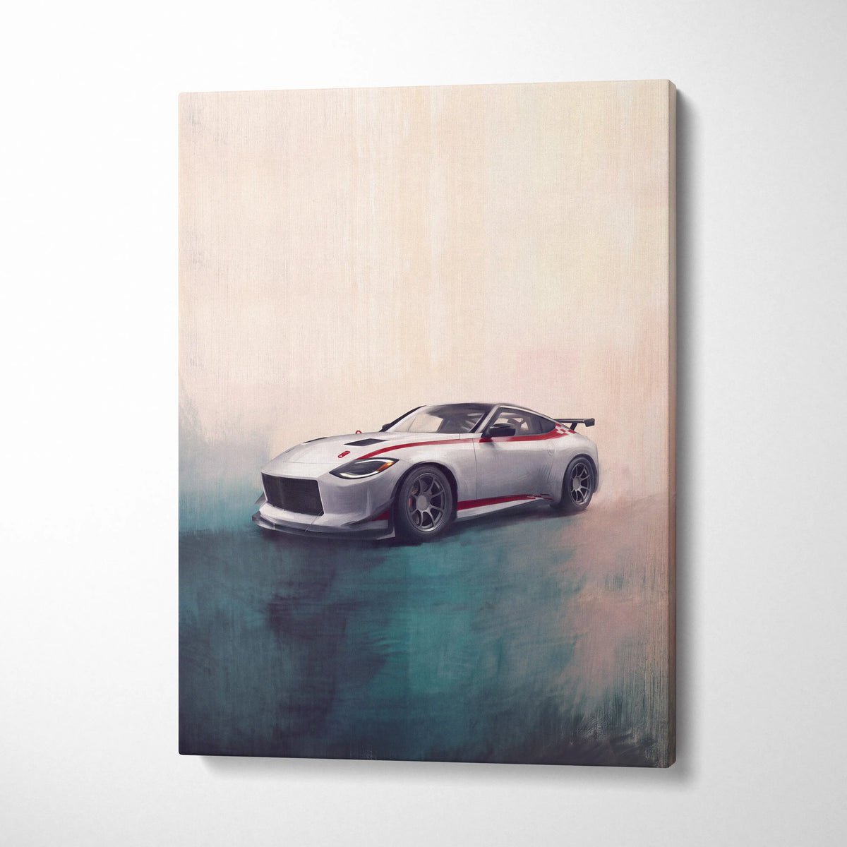 Nissan Z inspired white and red sports car canvas painting for Japanese automotive wall art and modern home decor