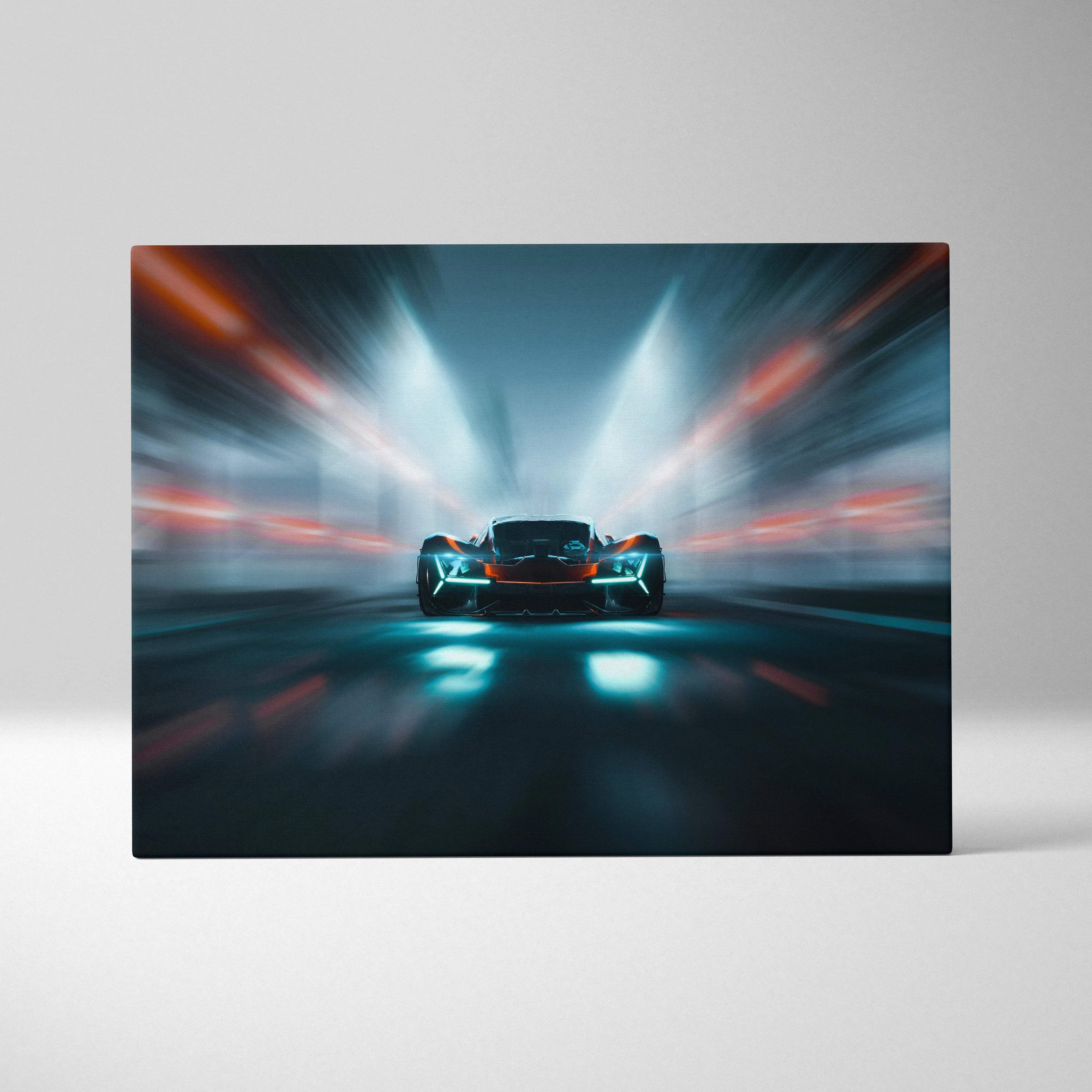 Futuristic hypercar racing through neon tunnel in cool blues with orange accents