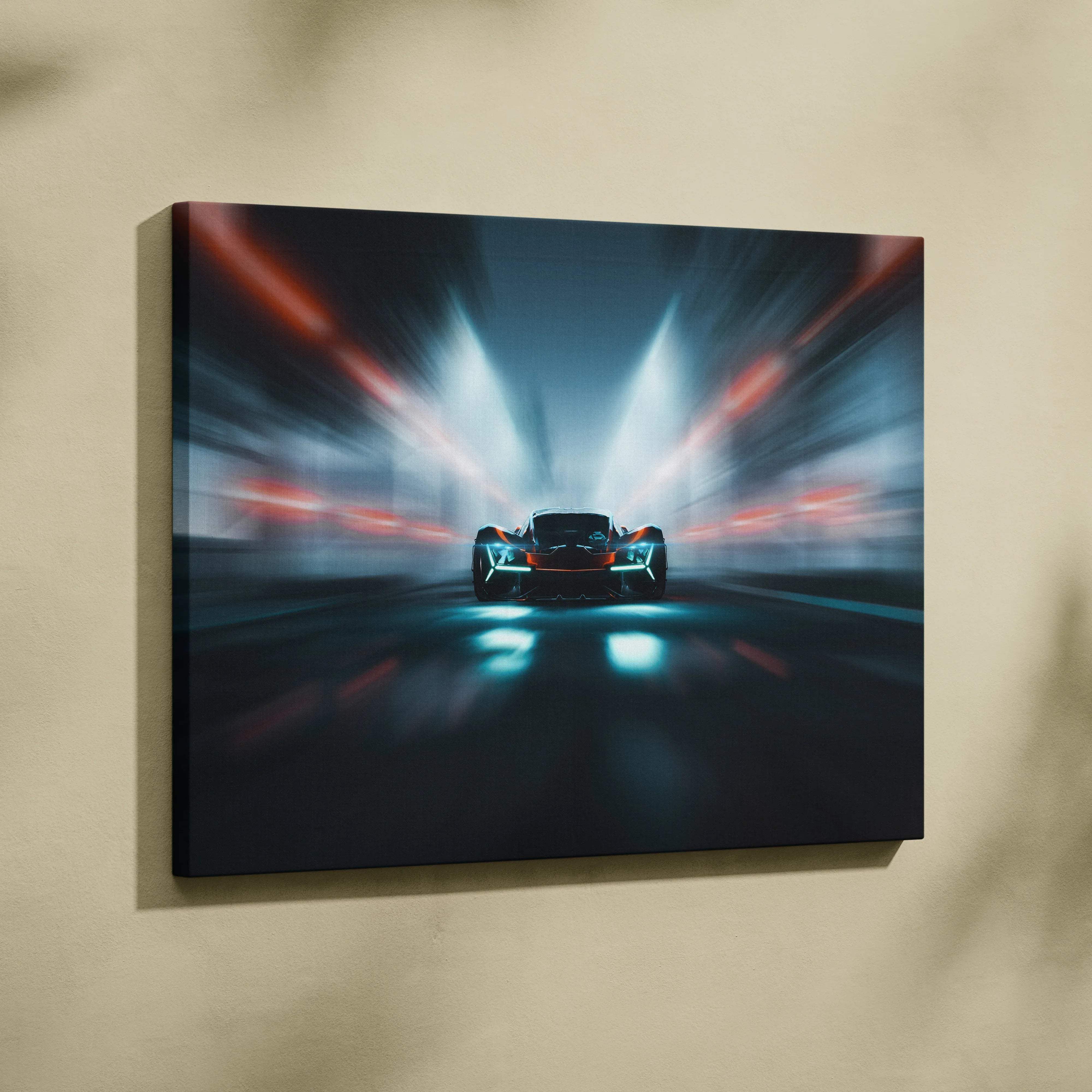 Futuristic hypercar racing through neon tunnel canvas art in cool blues with orange accents