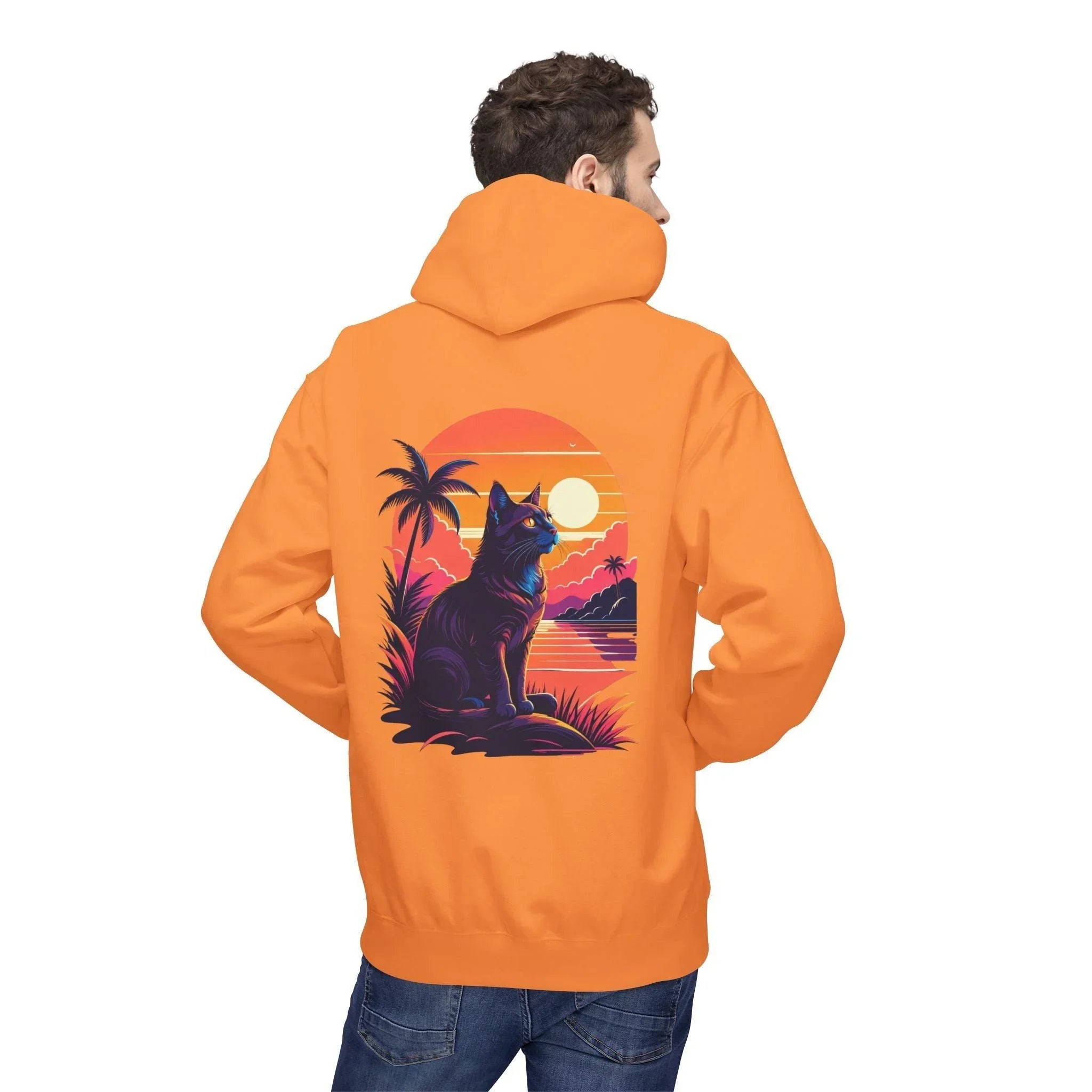 Cozy Cat Lover's Retro Sunset Fleece Hoodie