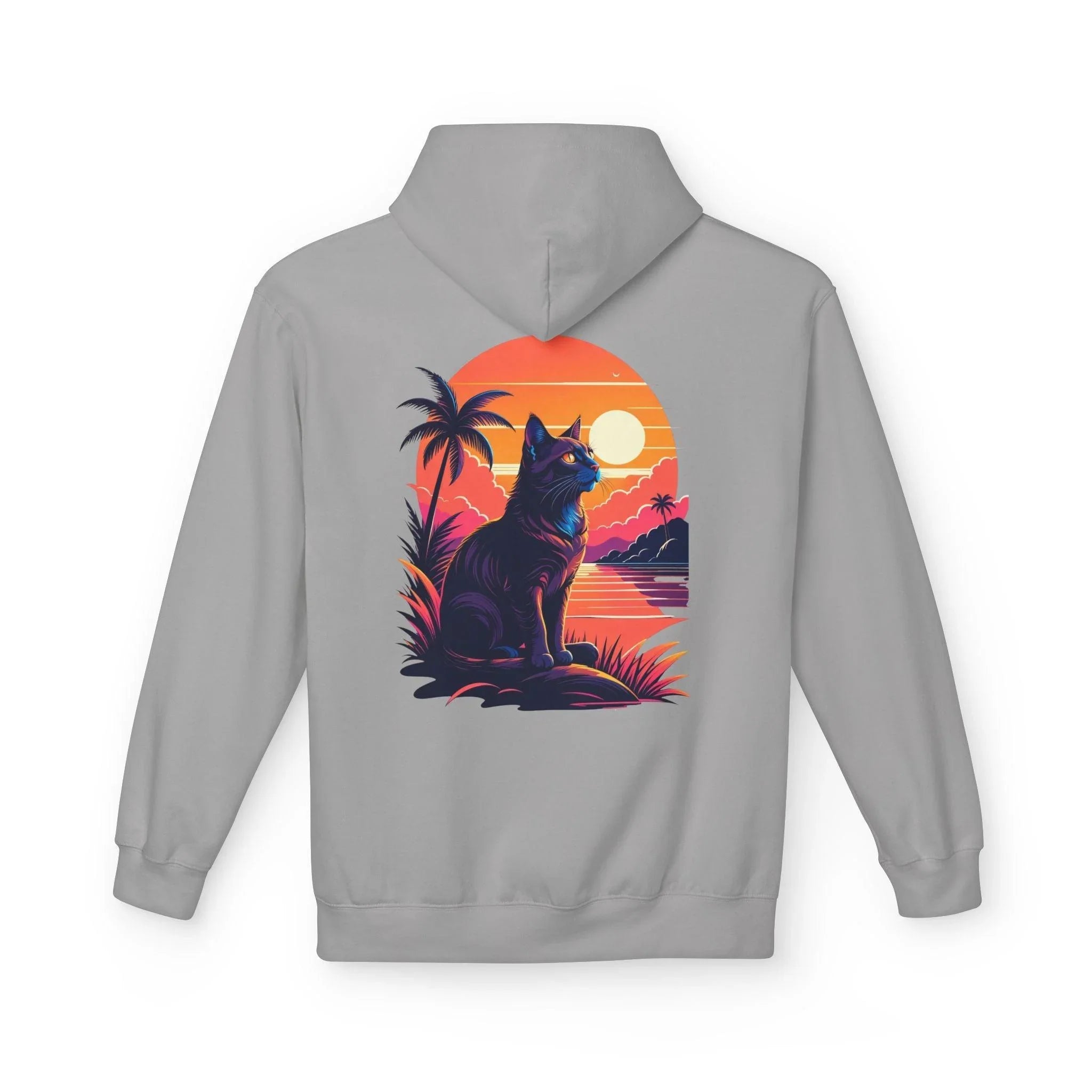 Cozy Cat Lover's Retro Sunset Fleece Hoodie
