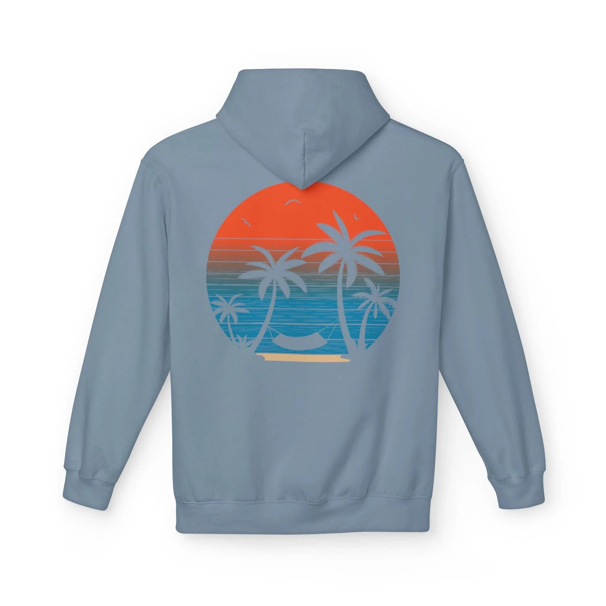 Cozy Beach Sunset Vibes Fleece Hoodie with Palm Tree Design