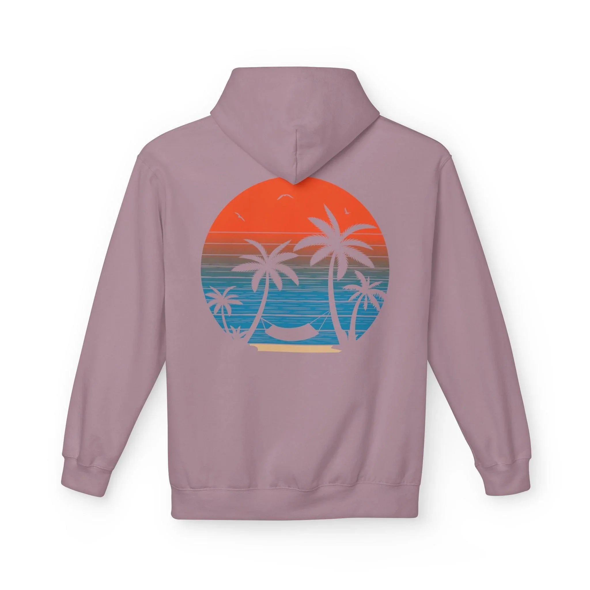 Cozy Beach Sunset Vibes Fleece Hoodie with Palm Tree Design